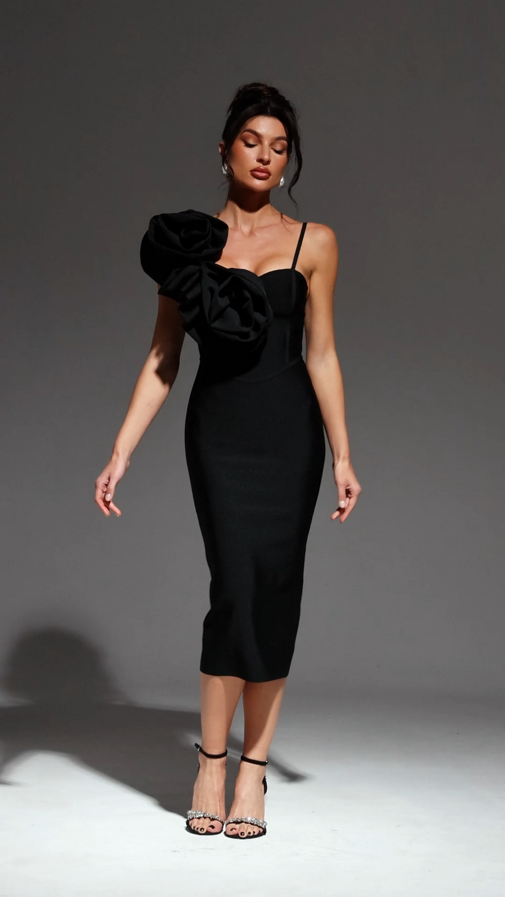 Malia Midi Dress - Asymmetrical - One-Shoulder Neckline - Floral Detailing - Bandage Fabric - Sophisticated Charm