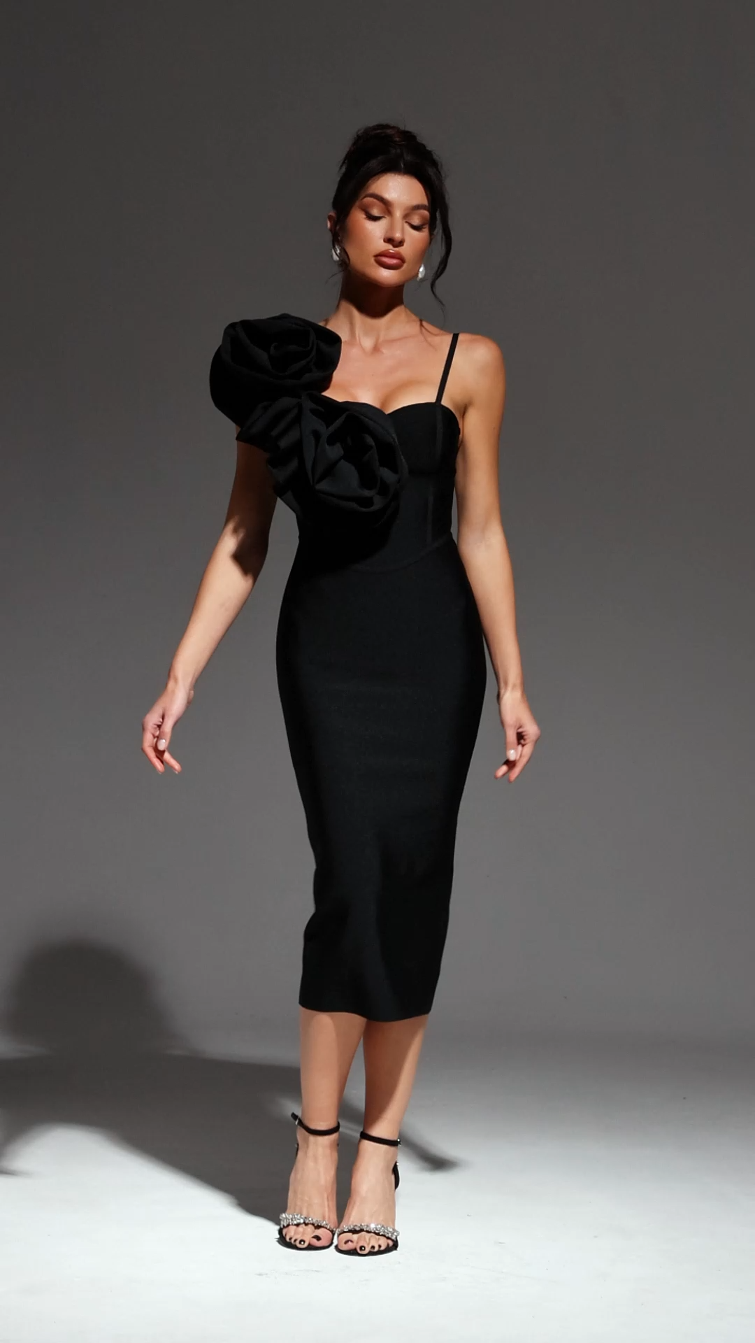 Malia Midi Dress - Asymmetrical - One-Shoulder Neckline - Floral Detailing - Bandage Fabric - Sophisticated Charm