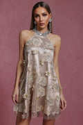 Rose Mini Dress - Halter Neckline - Floral Embroidery - Mini Length - Beaded Accents - Flowy Silhouette