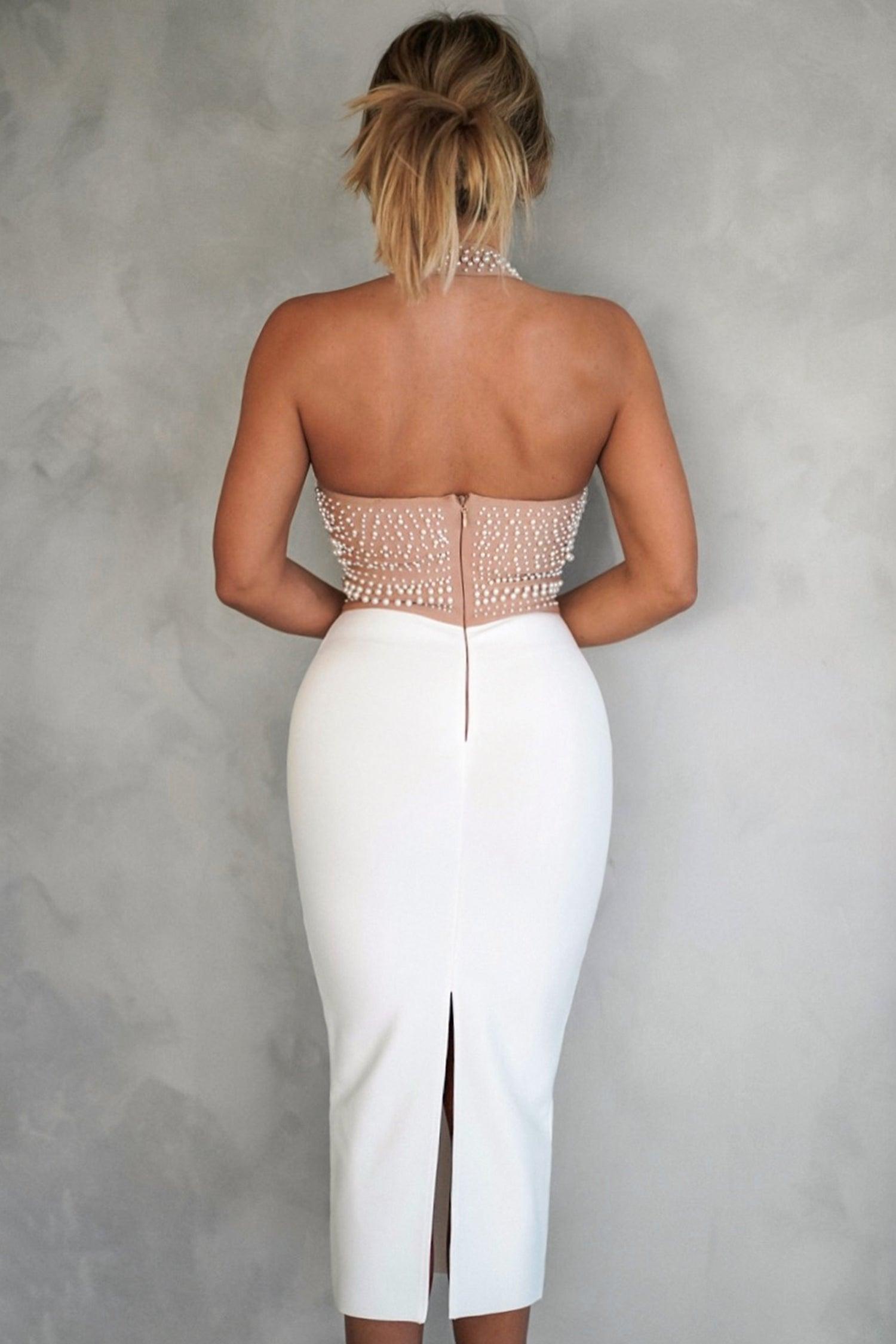 Veronica Midi Dress - Pearl Embellishment - Halter Neckline - Fitted Silhouette - Intricate Detailing - Timeless Appeal