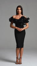 Faith Midi Dress - Off-The-Shoulder Flounce - Body-Hugging Fit - High-Quality Materials