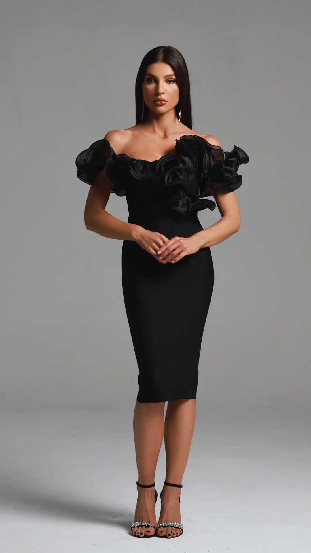 Faith Midi Dress - Off-The-Shoulder Flounce - Body-Hugging Fit - High-Quality Materials