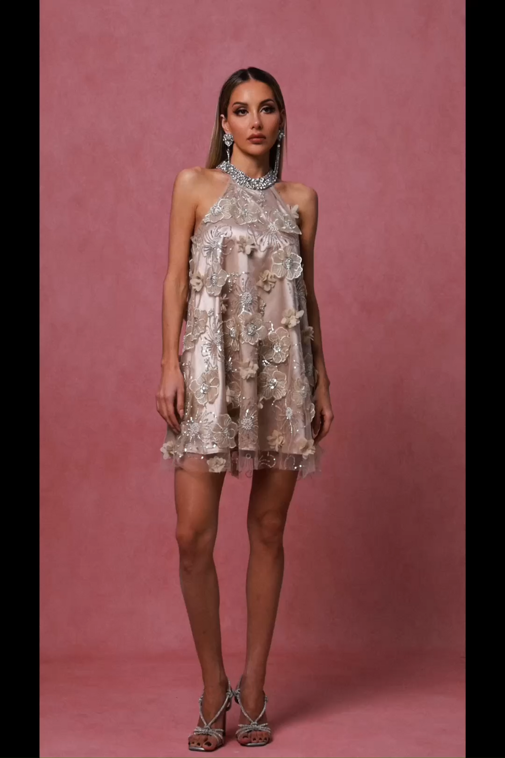 Rose Mini Dress - Halter Neckline - Floral Embroidery - Mini Length - Beaded Accents - Flowy Silhouette