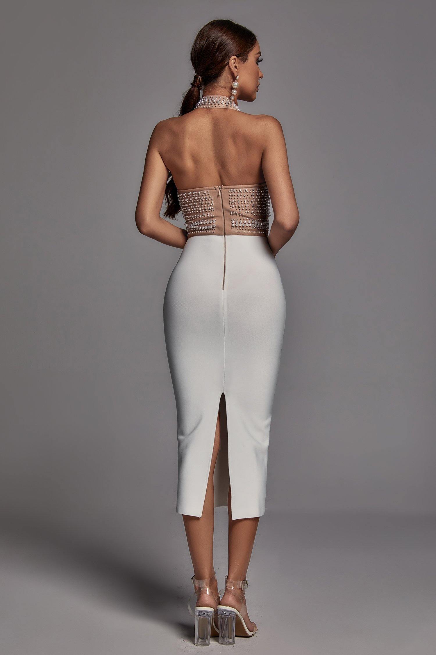 Hope Midi Dress - Halter Neckline - Pearl Detailing - Body-Hugging Fit - Sleek Silhouette - Statement Piece