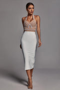 Hope Midi Dress - Halter Neckline - Pearl Detailing - Body-Hugging Fit - Sleek Silhouette - Statement Piece