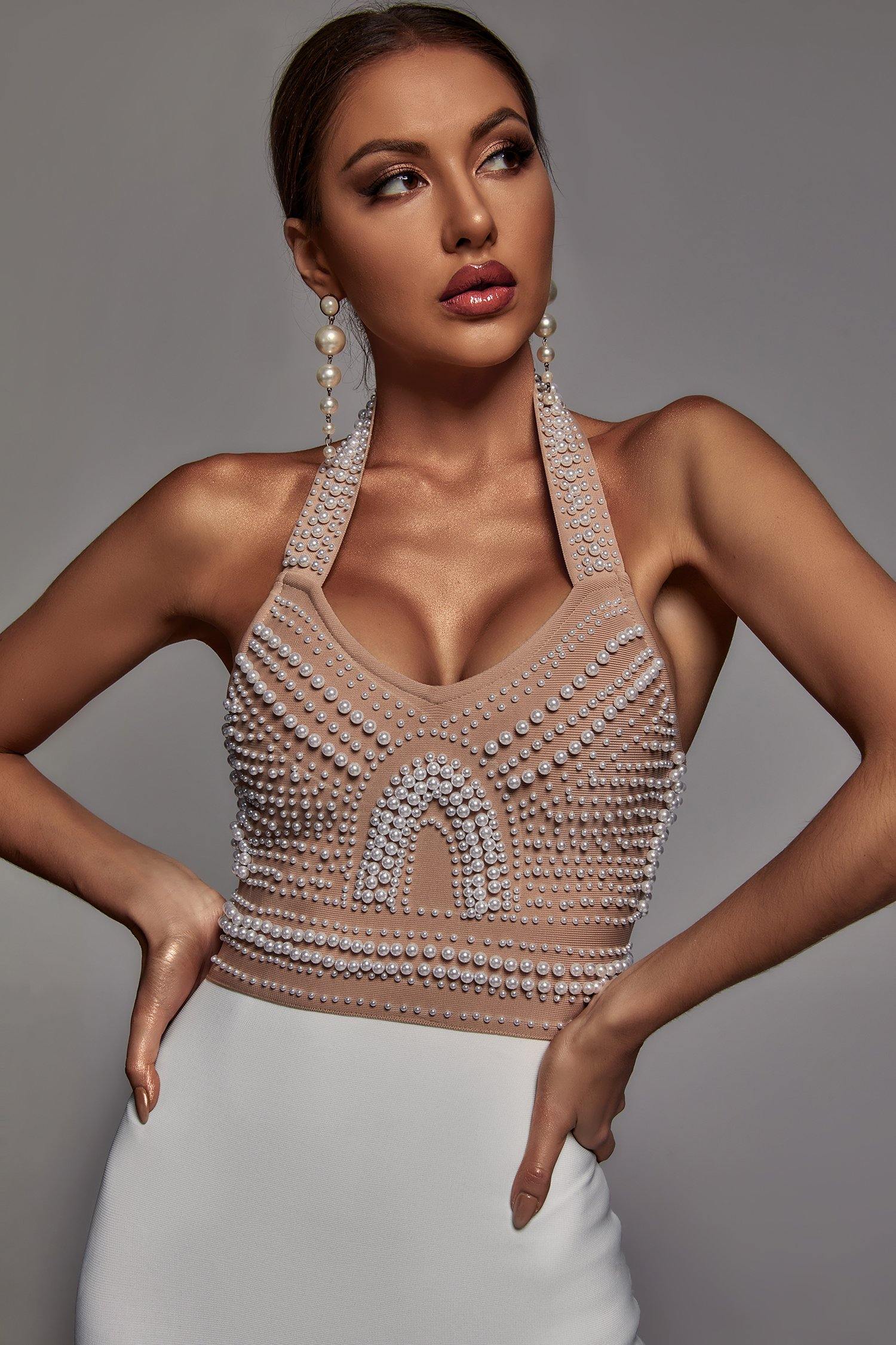 Hope Midi Dress - Halter Neckline - Pearl Detailing - Body-Hugging Fit - Sleek Silhouette - Statement Piece