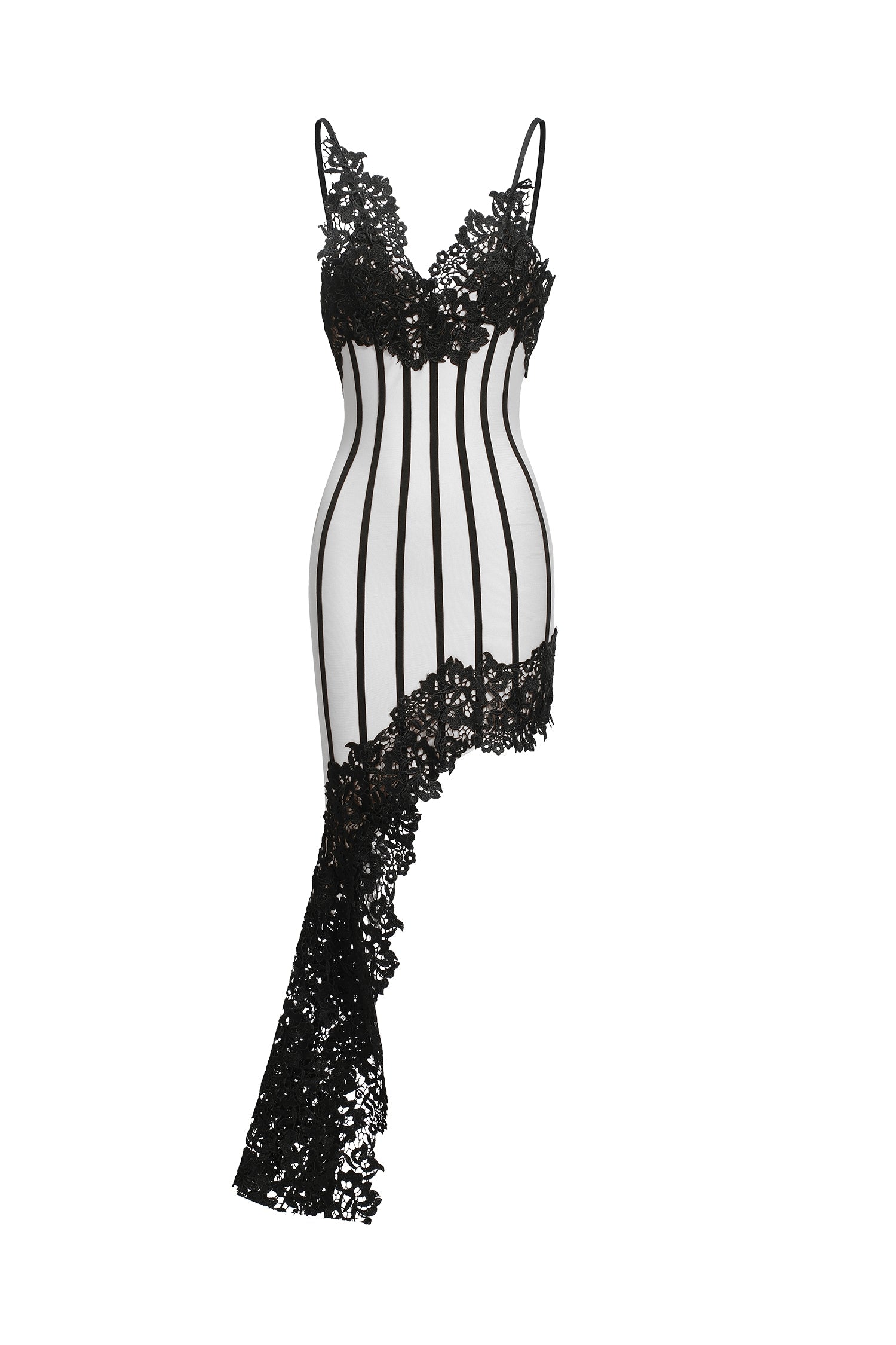 Natalia Midi Dress - Stunning Silhouette - Intricate Lace Detailing - Asymmetrical Hemline - Spaghetti Straps - Versatile Option