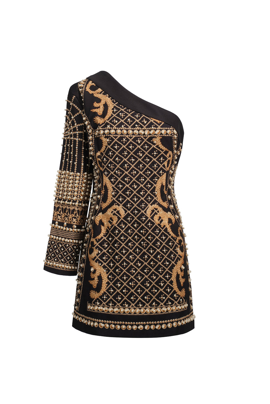 Skylar Mini Dress - One Shoulder - Pearl Embellishments - Fitted Silhouette - Bold Patterns - Versatile Appeal