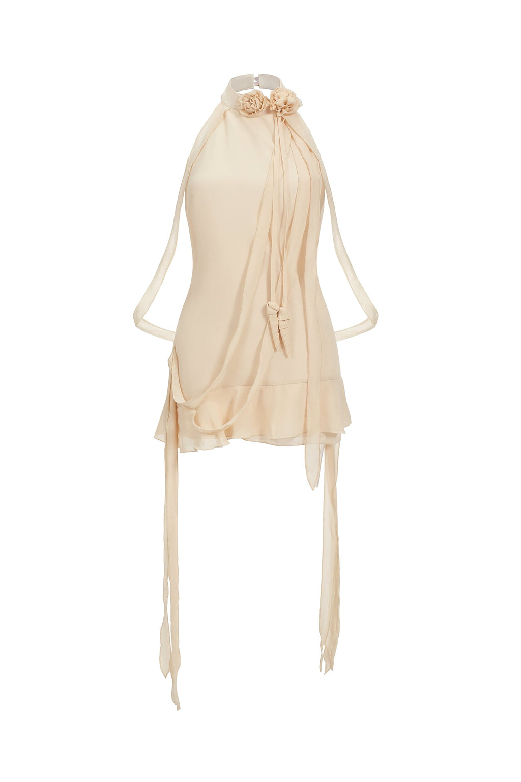 Priscilla Mini Dress - Halter Neckline - Floral Embellishments - Flowing Ribbons - Layered Hemline - Lightweight Fabric