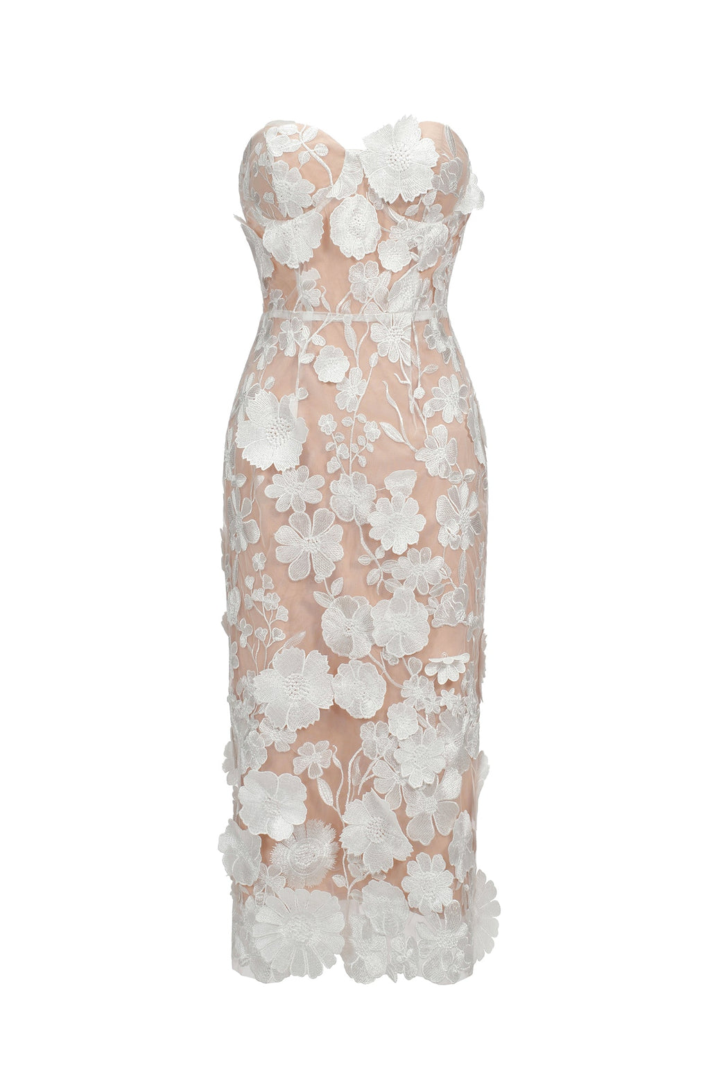 Miranda Midi Dress - Oval Lace Overlay - Strapless Neckline - Floral Detailing - Fitted Silhouette - Sophisticated Midi Length