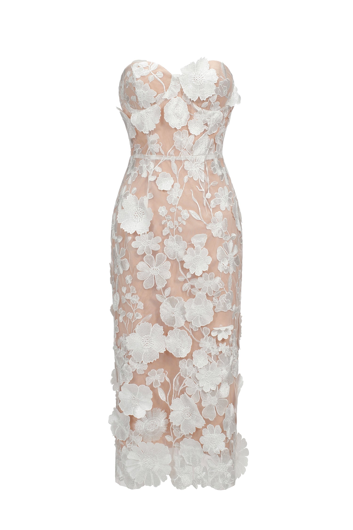 Miranda Midi Dress - Oval Lace Overlay - Strapless Neckline - Floral Detailing - Fitted Silhouette - Sophisticated Midi Length