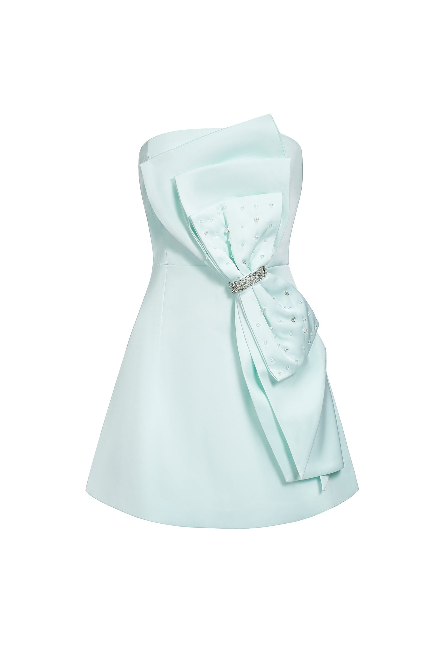 Miriam Mini Dress - Asymmetric Neckline - Draped - Diamante Bow Waist - Fitted Bodice - Playful Mini Skirt