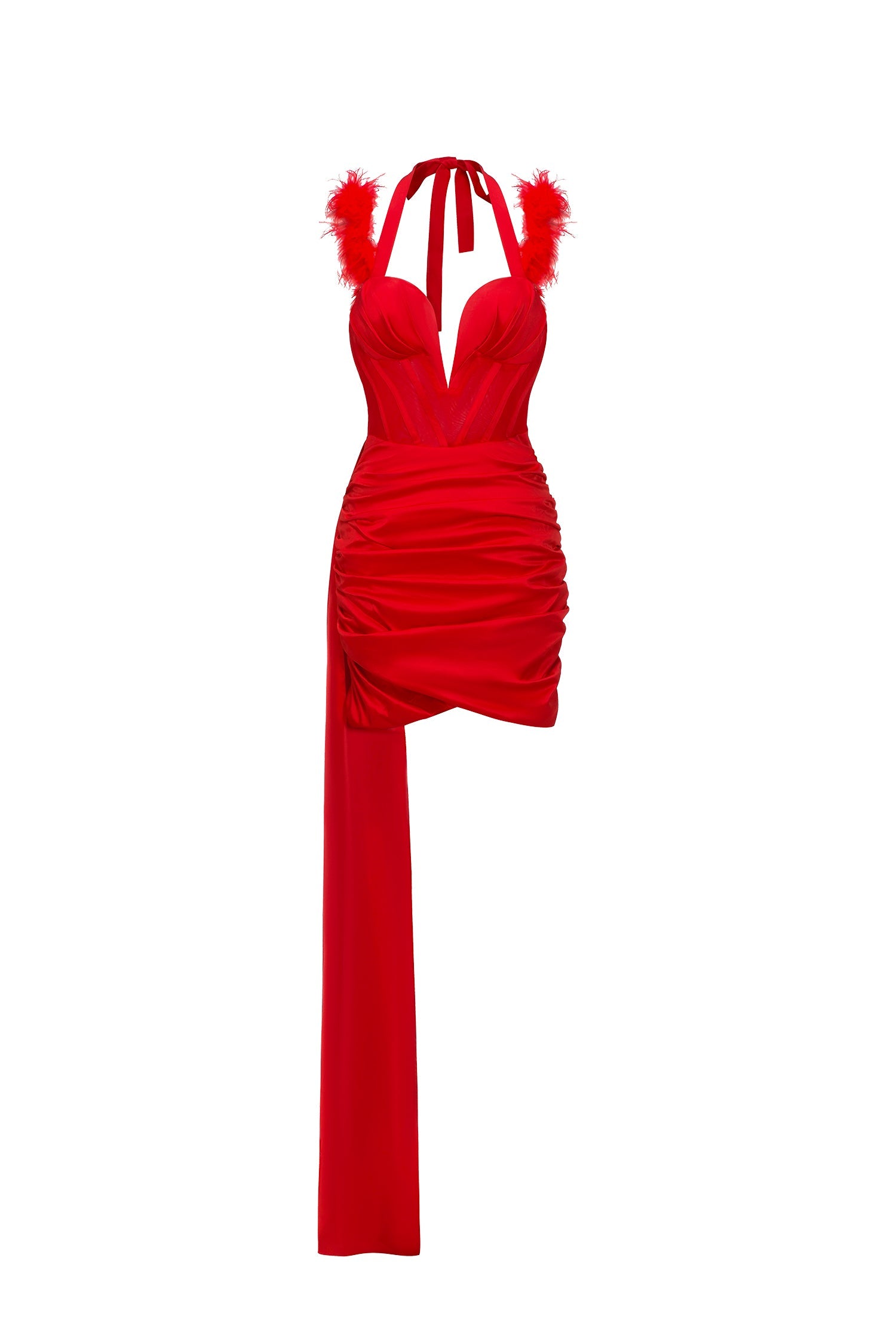 Mirella Halterneck Feather Satin Mini Dress - Plunging V-Neck - Exquisite Feather Detailing - Ruched Fabric