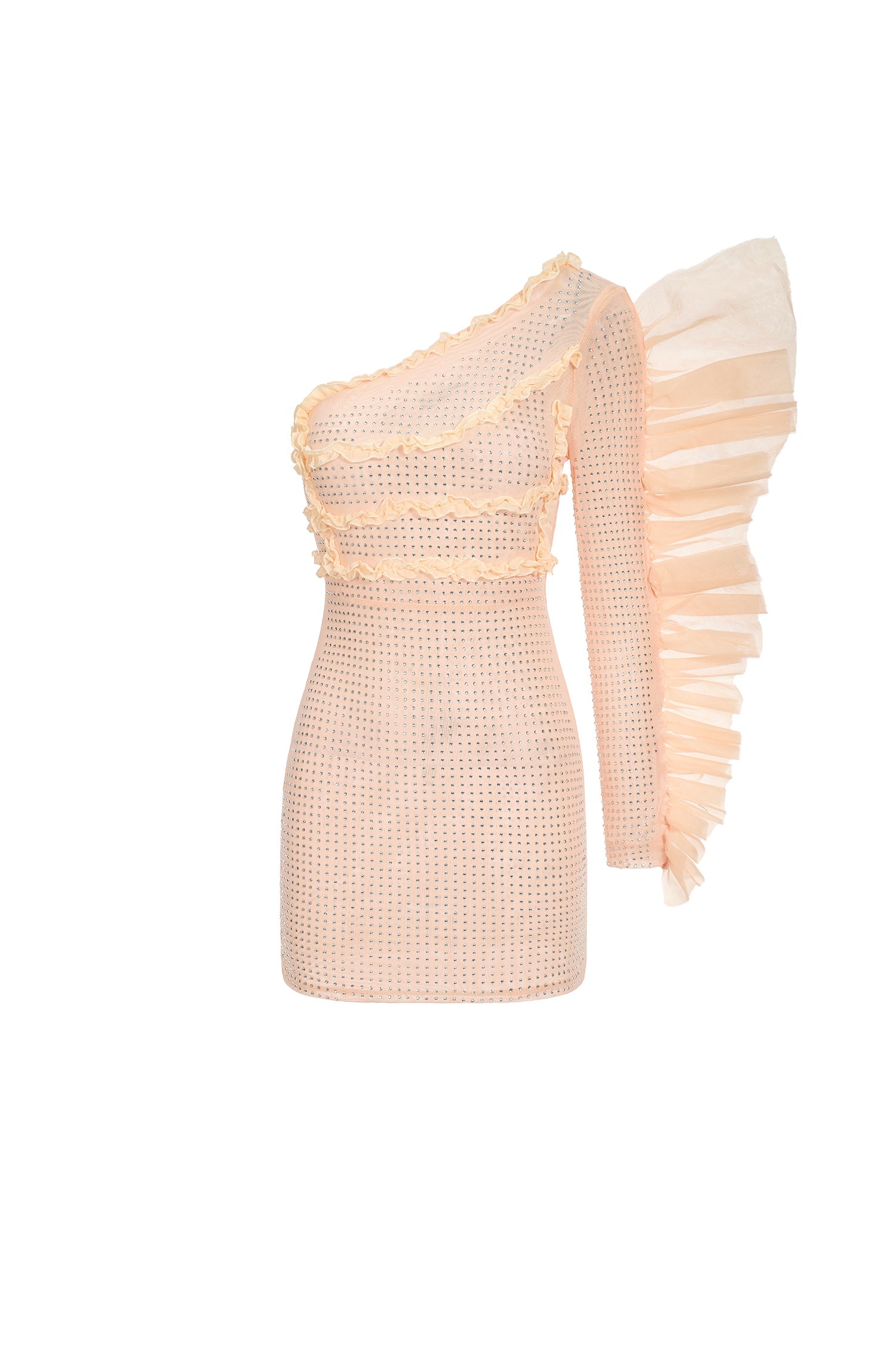Mariuccia Mini Dress - One Sleeve - Diamante Embellishments - Ruffled Detailing - Asymmetrical Silhouette - Breathable Fabric