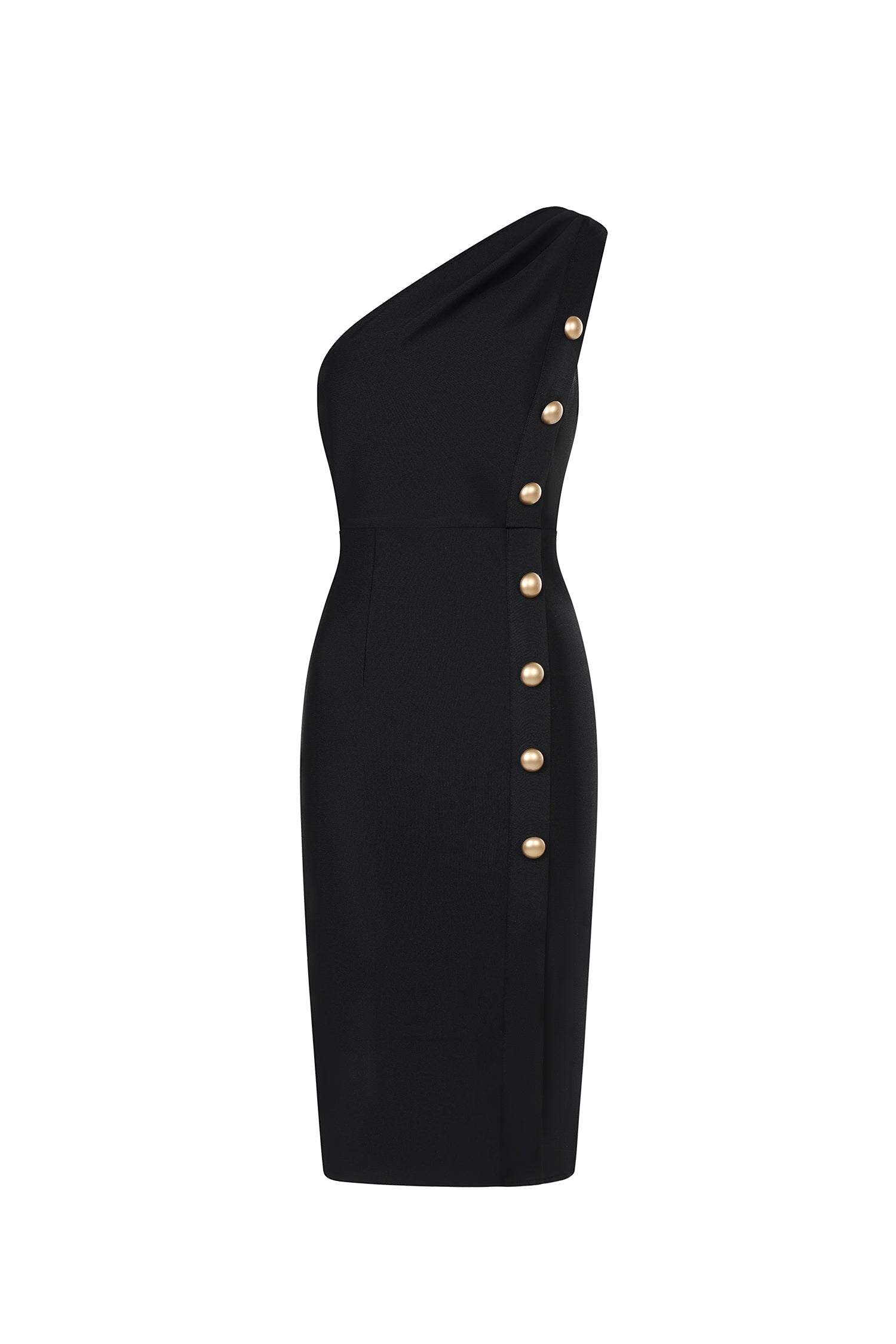 Skylar Midi Dress - One Shoulder - Bandage Fit - Button Detailing - Sophisticated Appeal