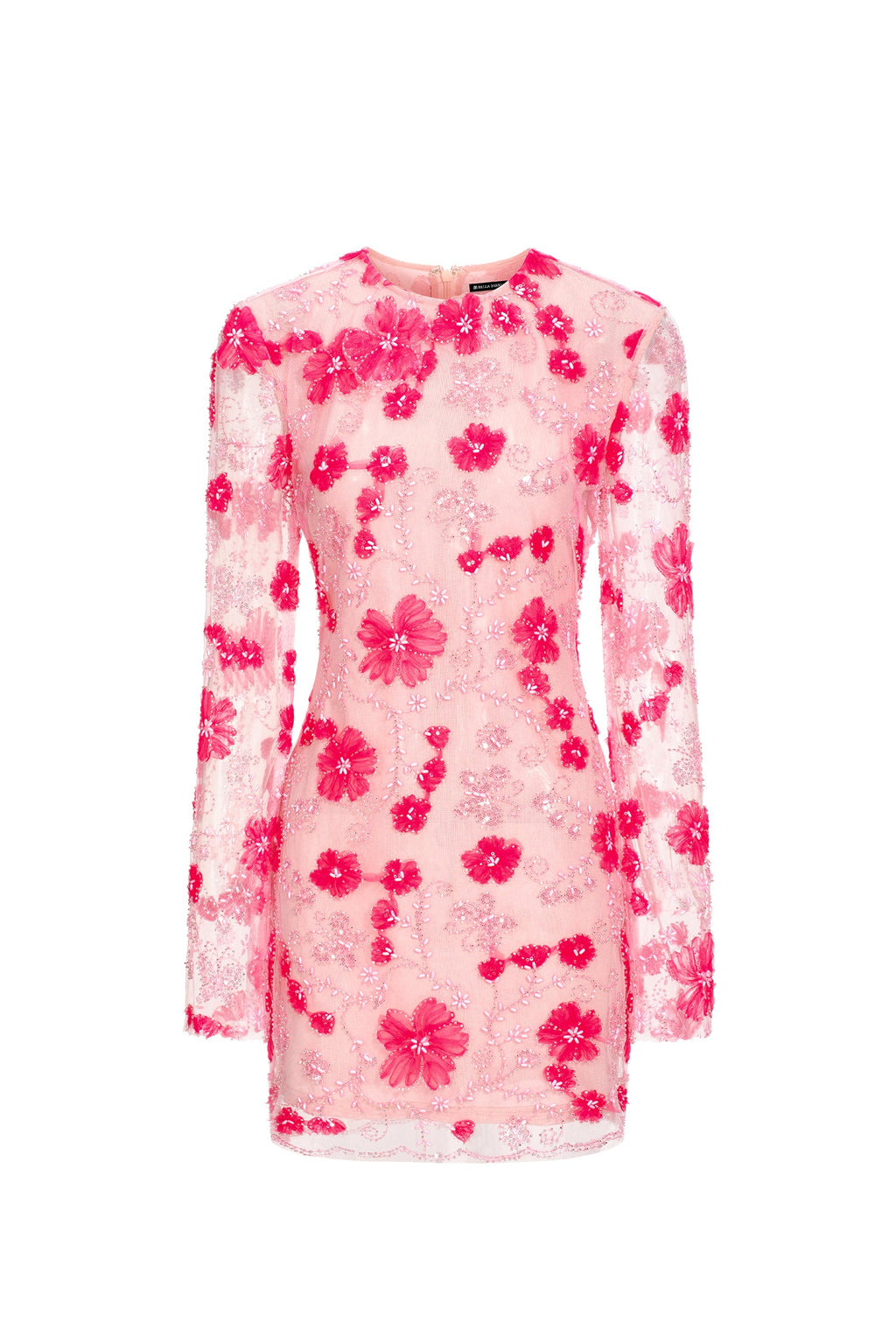 Savina Mini Dress - Floral Detailing - Fitted Silhouette - High Neckline - Long Sleeves - Intricate Embroidery