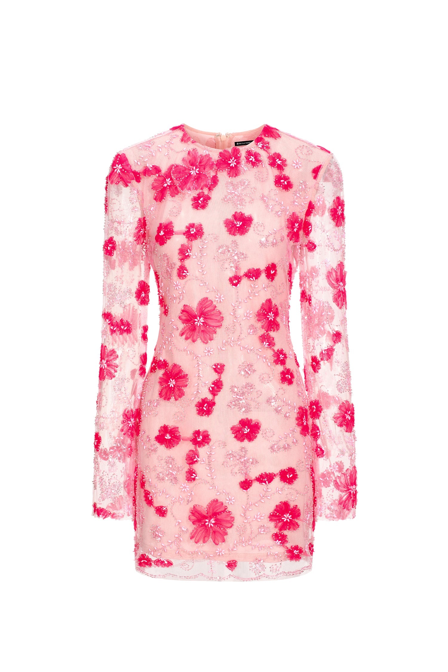 Savina Mini Dress - Floral Detailing - Fitted Silhouette - High Neckline - Long Sleeves - Intricate Embroidery