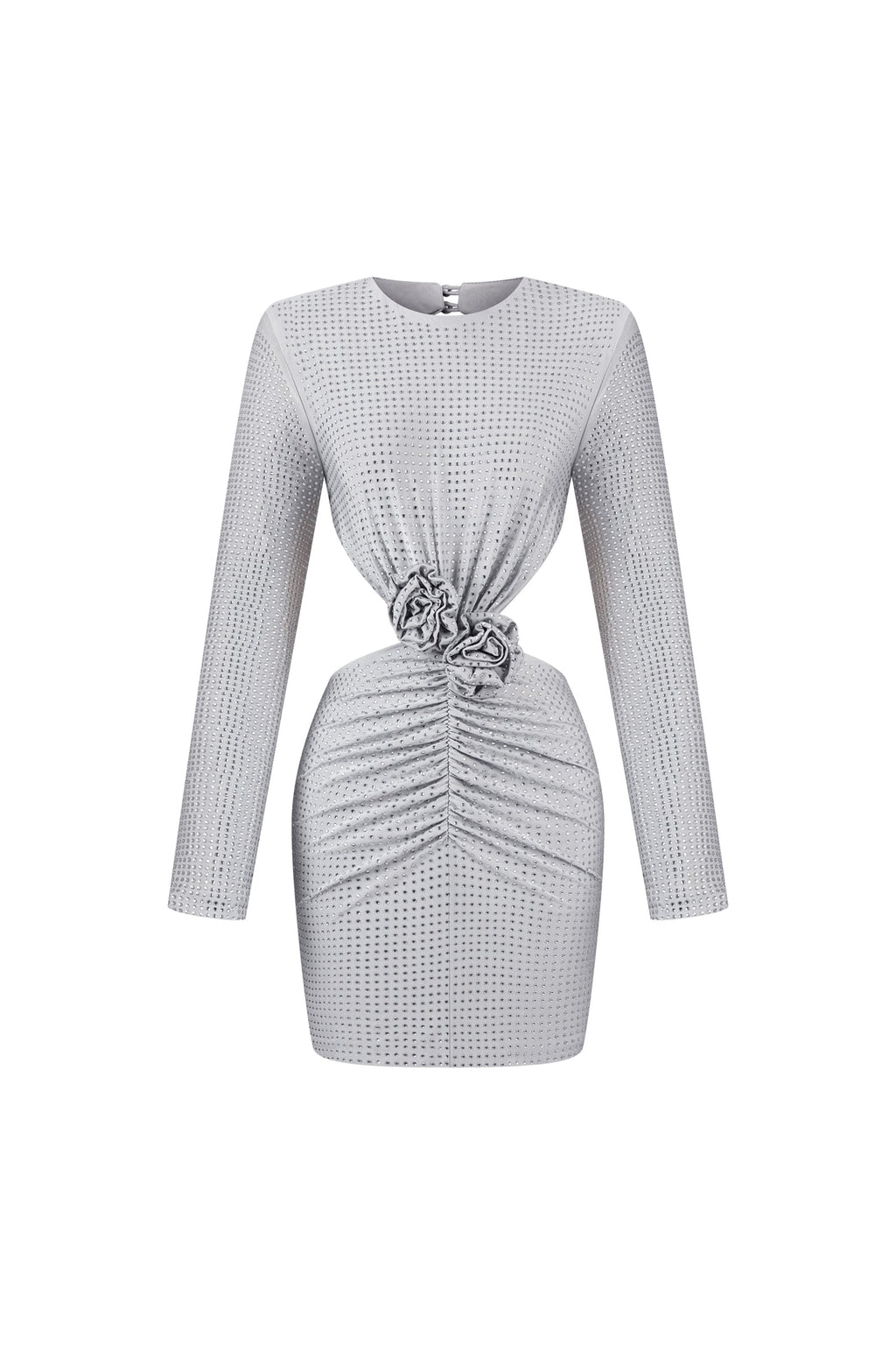Yvette Mini Dress - Long Sleeves - Flowers Hollow Backless - Diamond Accents - Waist Knot