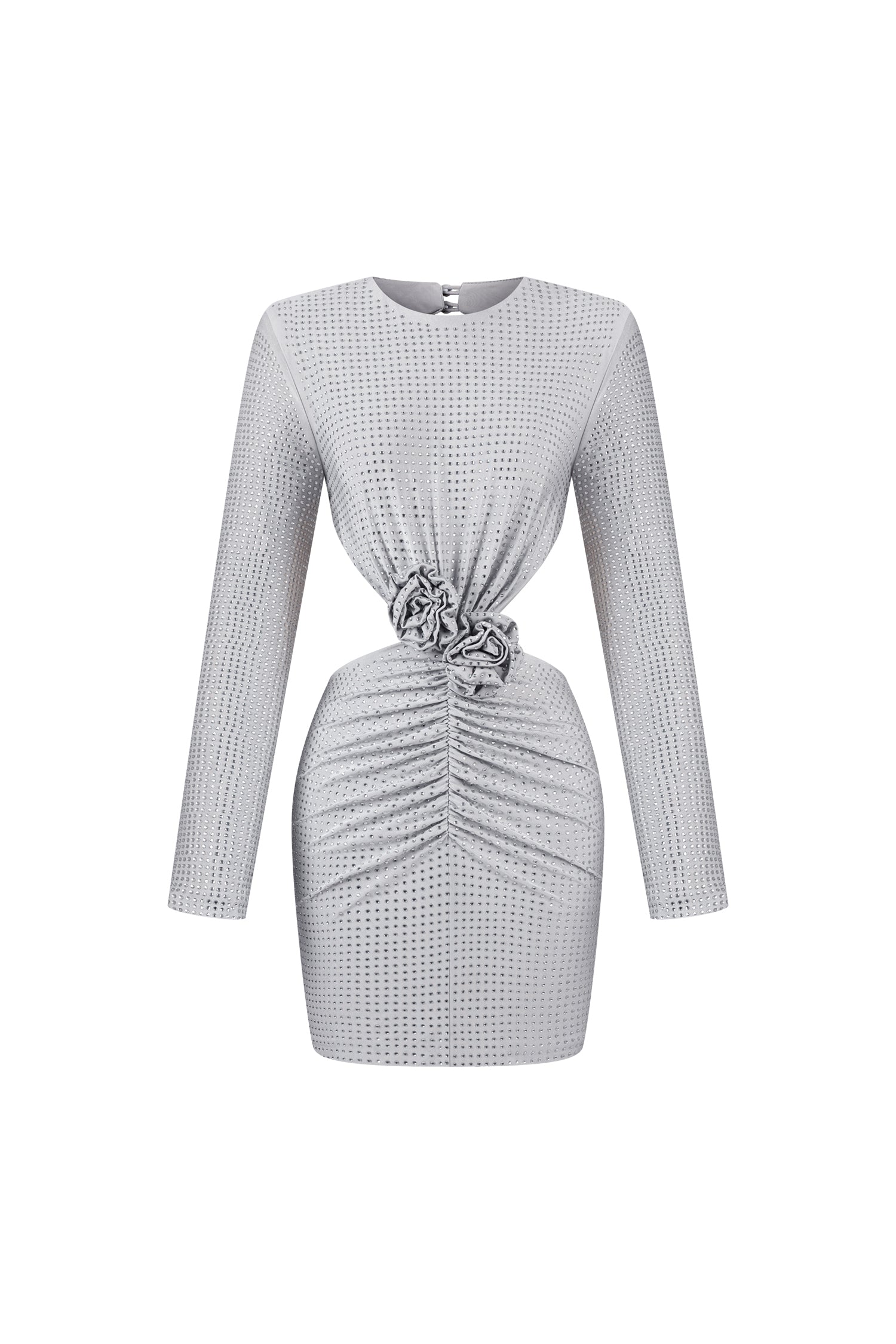 Yvette Mini Dress - Long Sleeves - Flowers Hollow Backless - Diamond Accents - Waist Knot