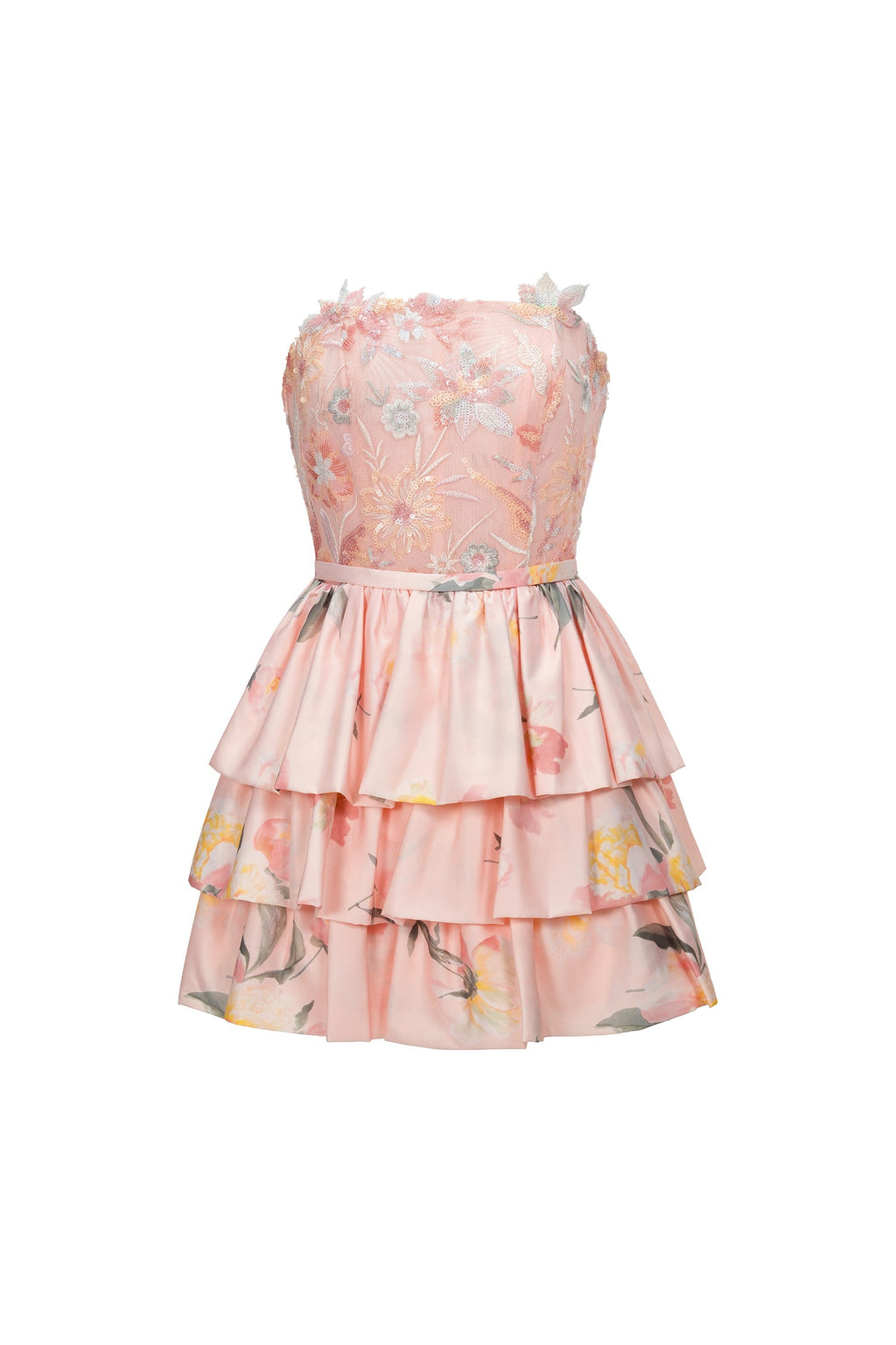Jenna Mini Dress - Strapless - Floral Embroidery - Flared Silhouette - Soft Fabric - Delicate Floral Patterns