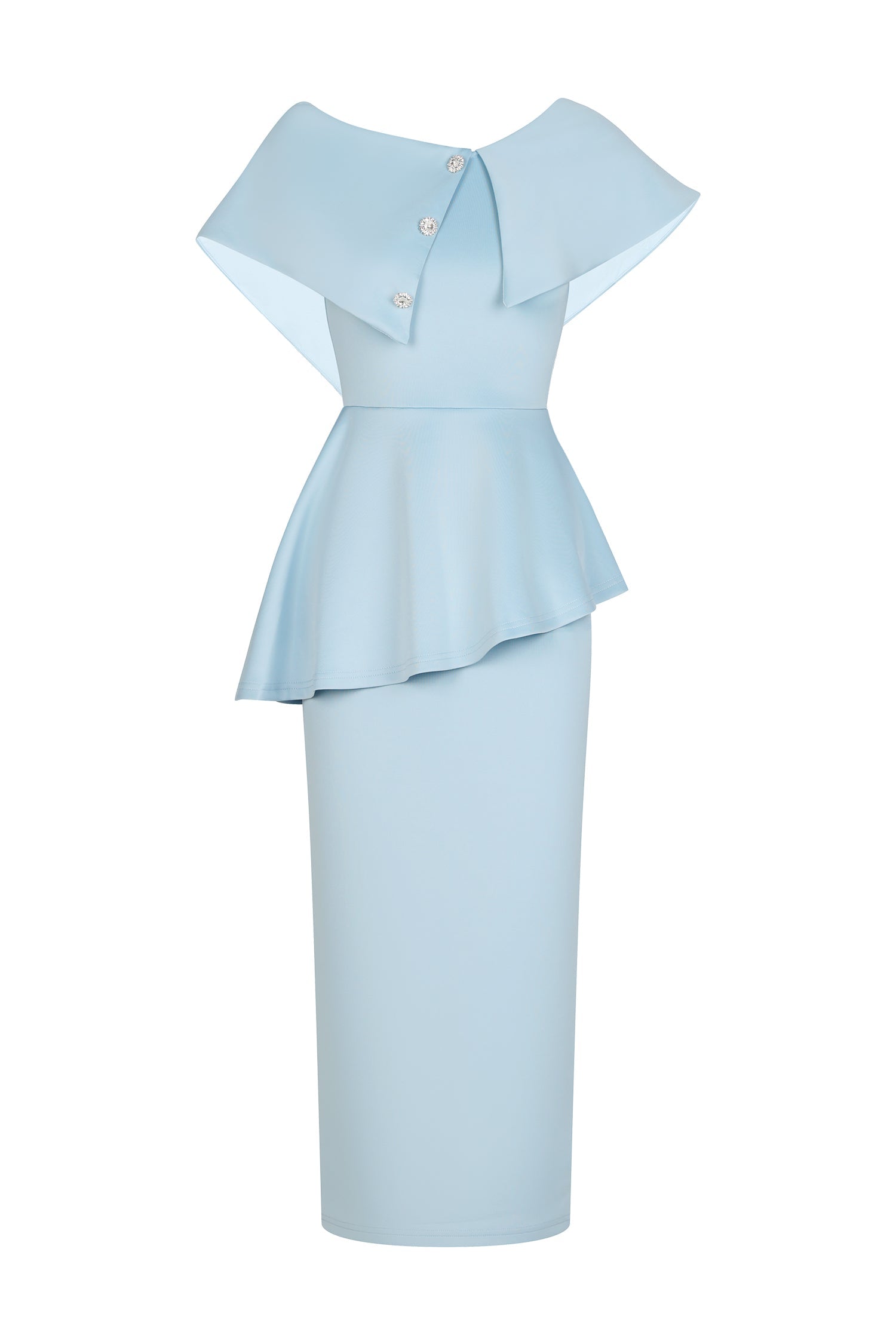 Rosetta Midi Dress - One Shoulder Flounce - Asymmetrical Neckline - Fitted Bodice - Flared Hem - Decorative Buttons