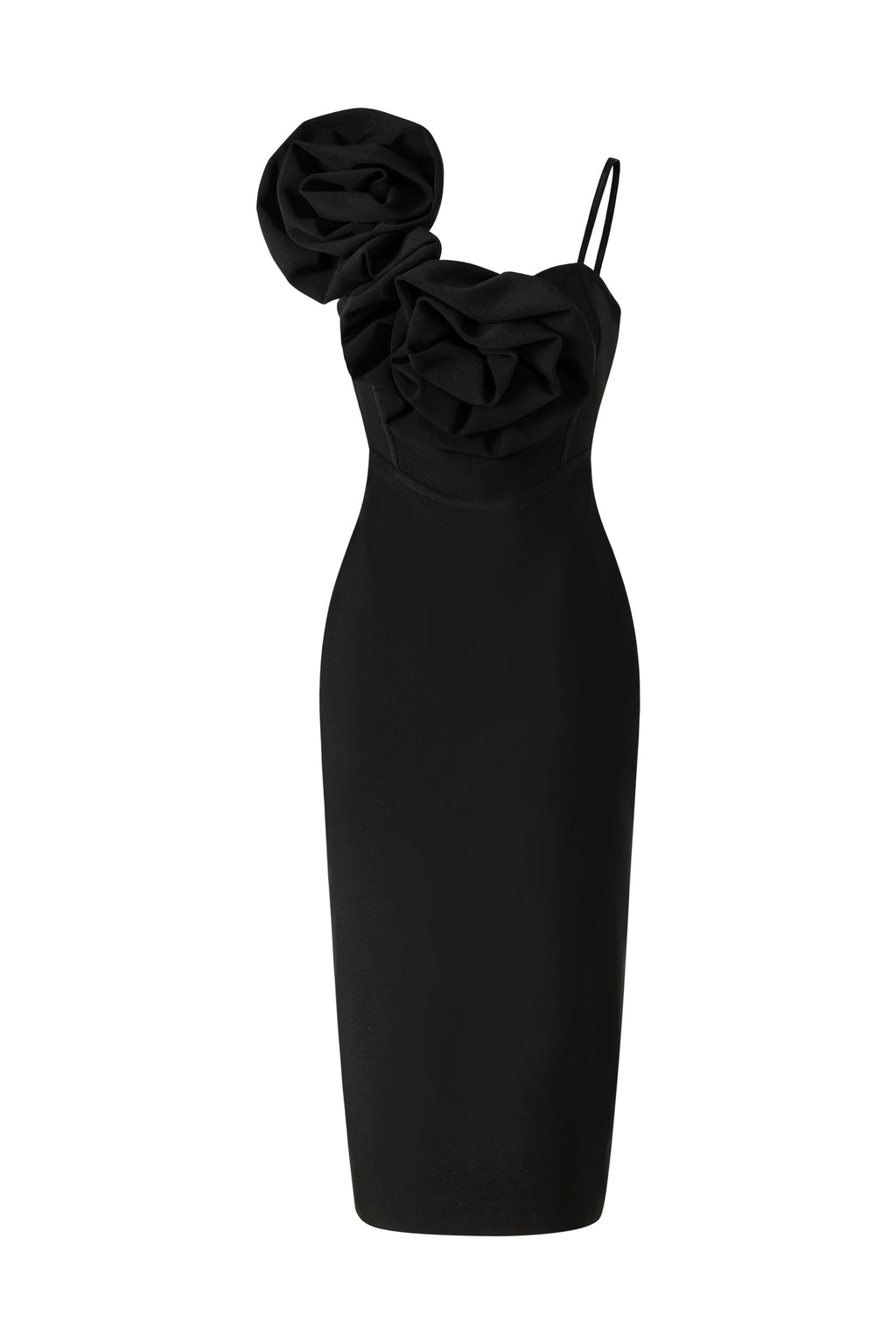 Malia Midi Dress - Asymmetrical - One-Shoulder Neckline - Floral Detailing - Bandage Fabric - Sophisticated Charm