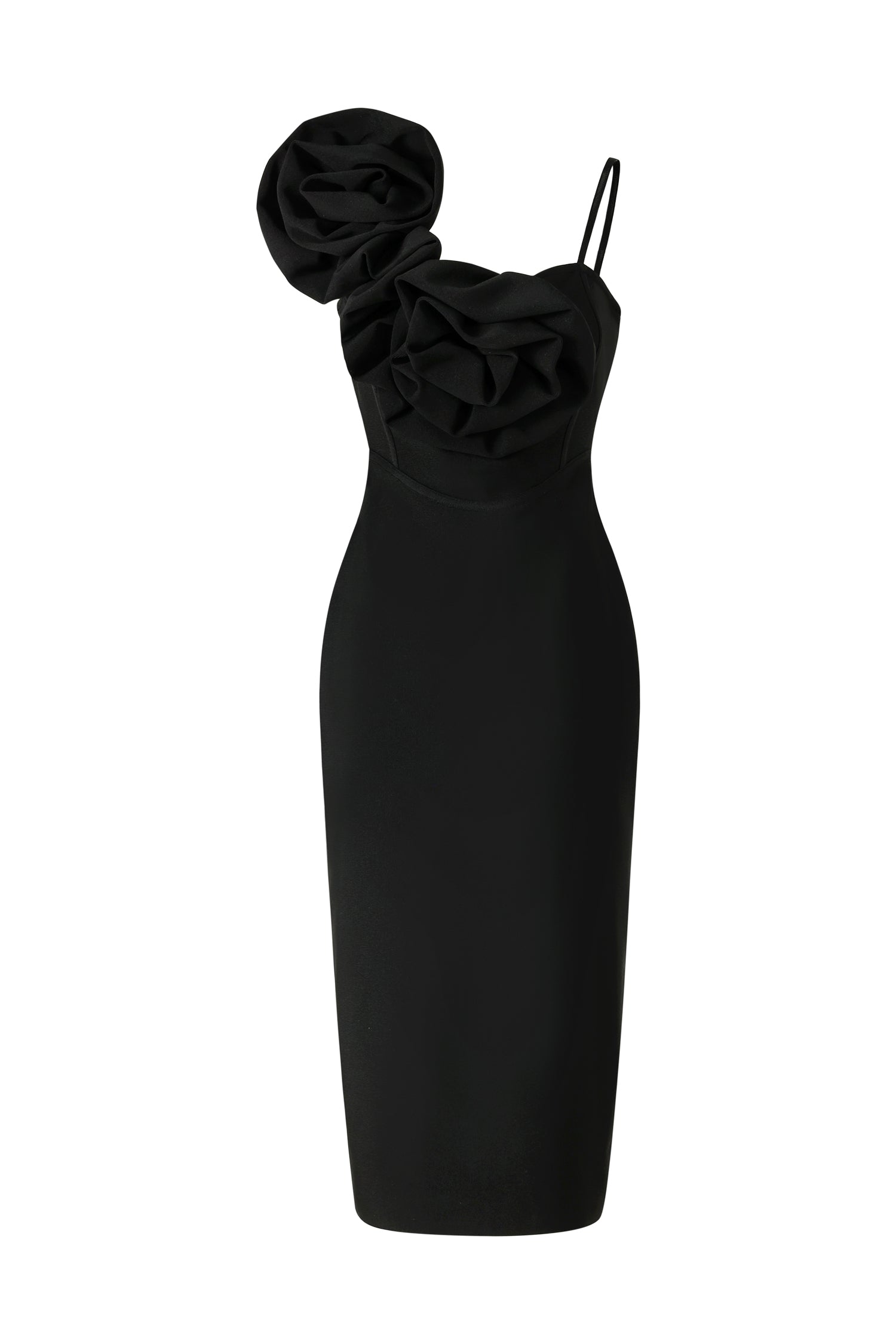 Malia Midi Dress - Asymmetrical - One-Shoulder Neckline - Floral Detailing - Bandage Fabric - Sophisticated Charm
