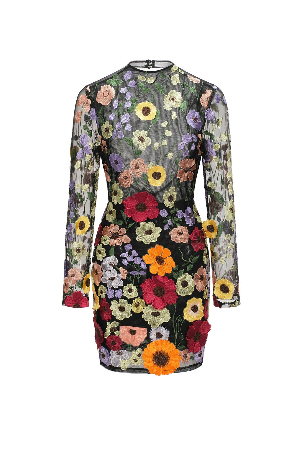 Roberta Mini Dress - Long Sleeve - Flowers Backless - Floral Embroidery - Fitted Silhouette - Versatile