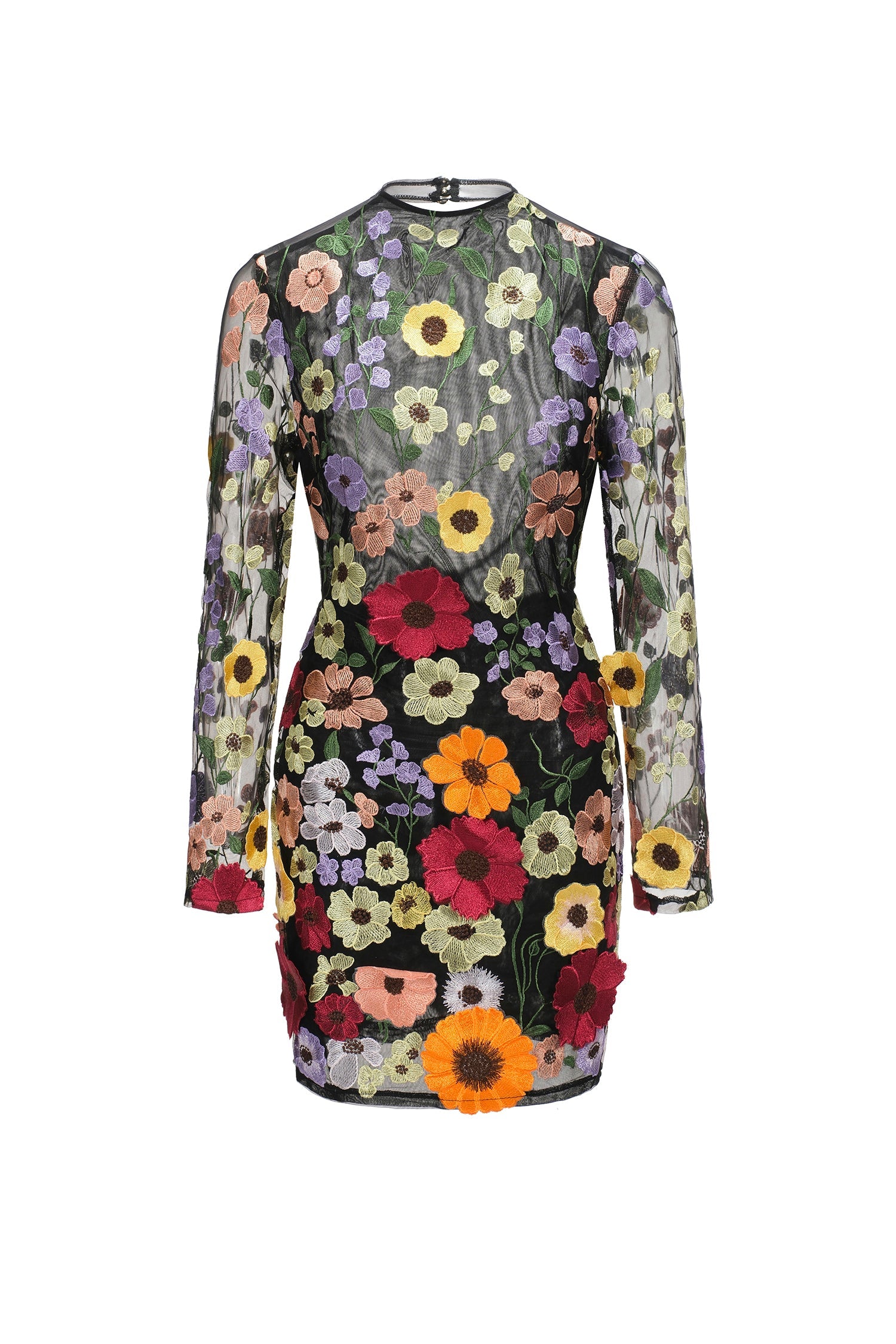 Roberta Mini Dress - Long Sleeve - Flowers Backless - Floral Embroidery - Fitted Silhouette - Versatile