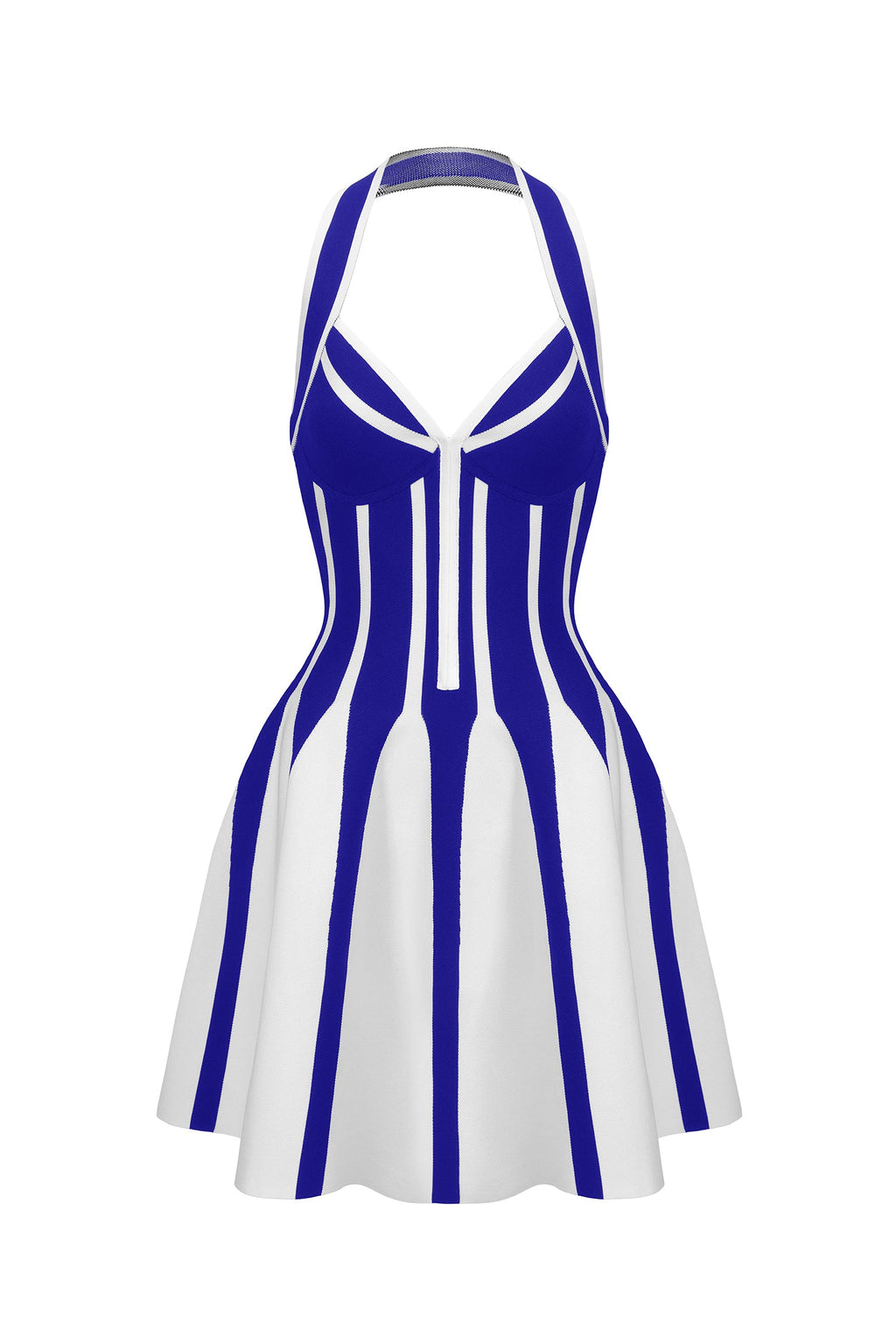 Leilani Mini Dress - Halter Neckline - Bandage Detailing - Flared Skirt - Playful Mini Length - Striking Color Contrast