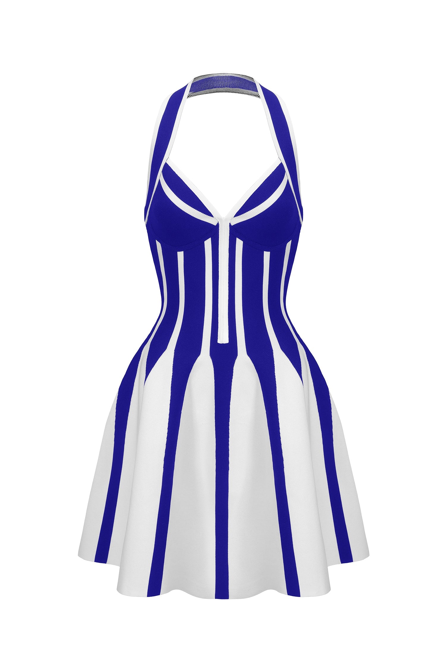 Leilani Mini Dress - Halter Neckline - Bandage Detailing - Flared Skirt - Playful Mini Length - Striking Color Contrast