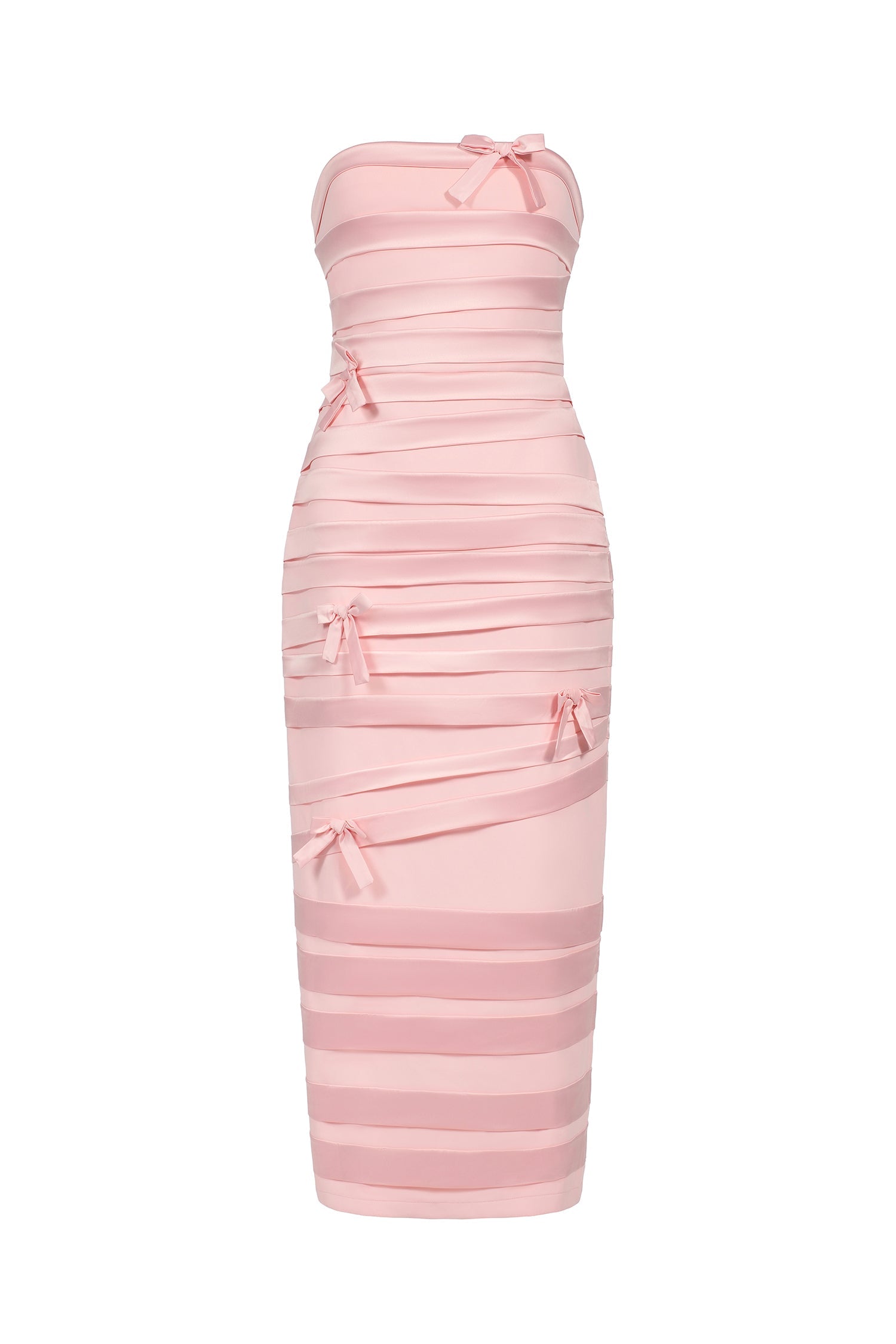 Tinsley Midi Dress - Sleeveless - Bow Accents - Wrinkle Detailing - Strapless Neckline - High-Quality Craftsmanship