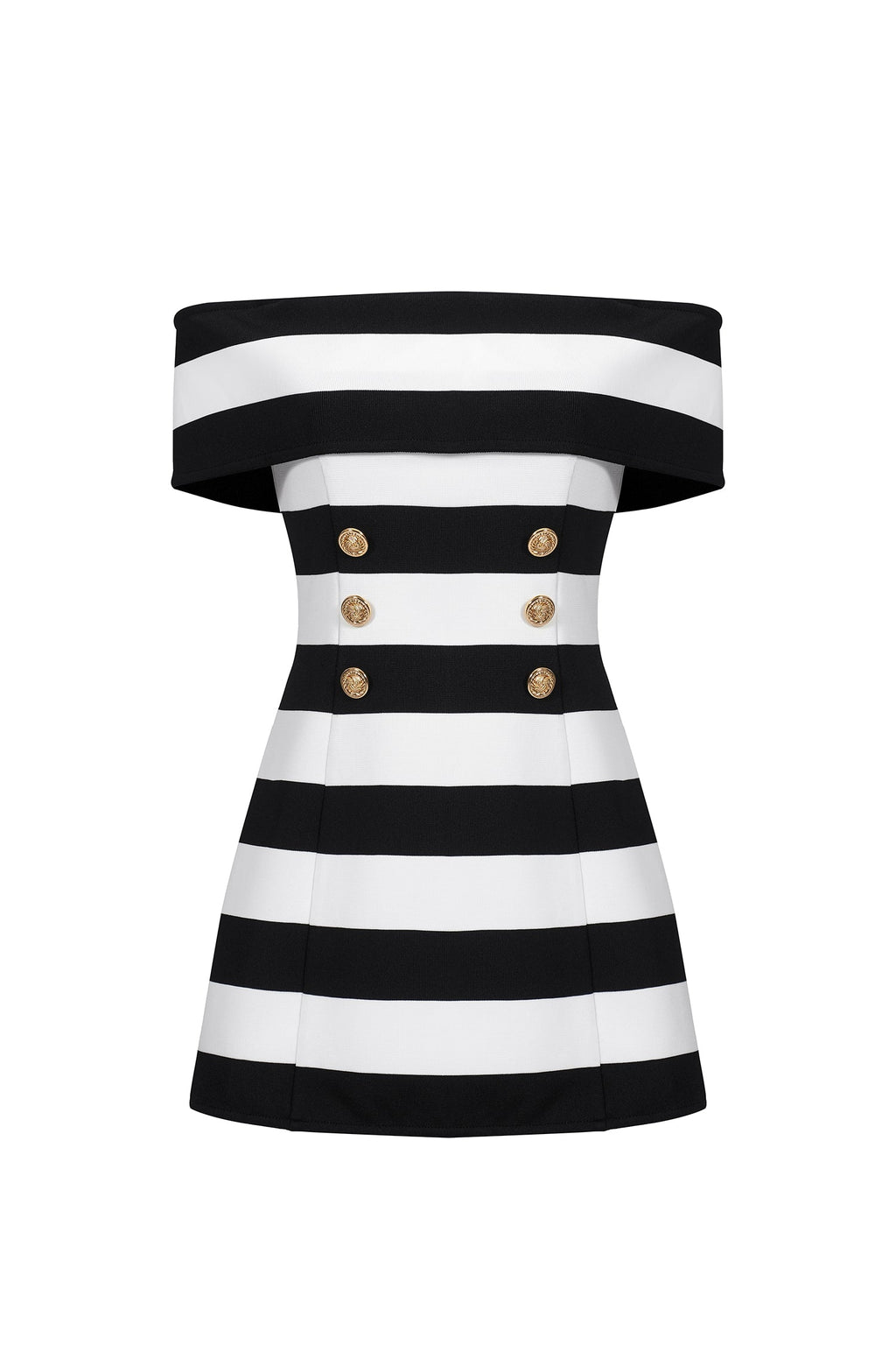 Leilani Off-The-Shoulder Bandage - Striped Pattern - Fitted Silhouette - Button Detailing - Mini Length