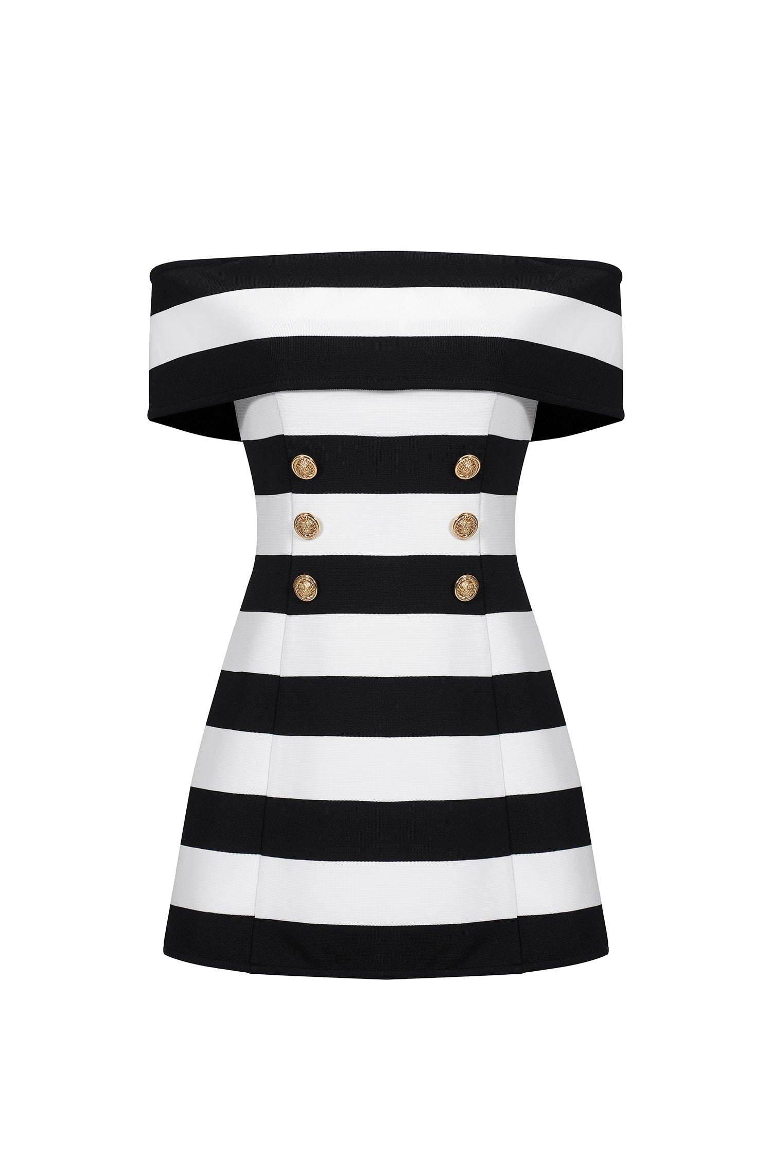Leilani Off-The-Shoulder Bandage - Striped Pattern - Fitted Silhouette - Button Detailing - Mini Length