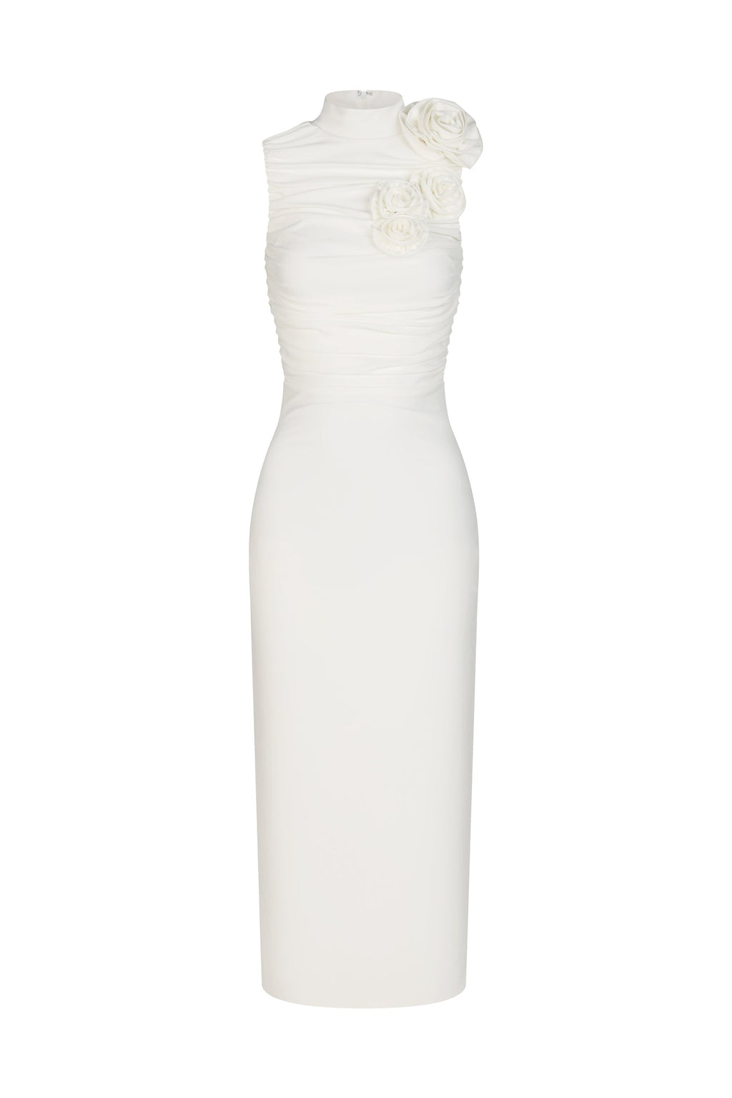 Tatiana Midi Dress - High Neckline - Ruched Detailing - Fabric Flowers - Draping Fit - Versatile