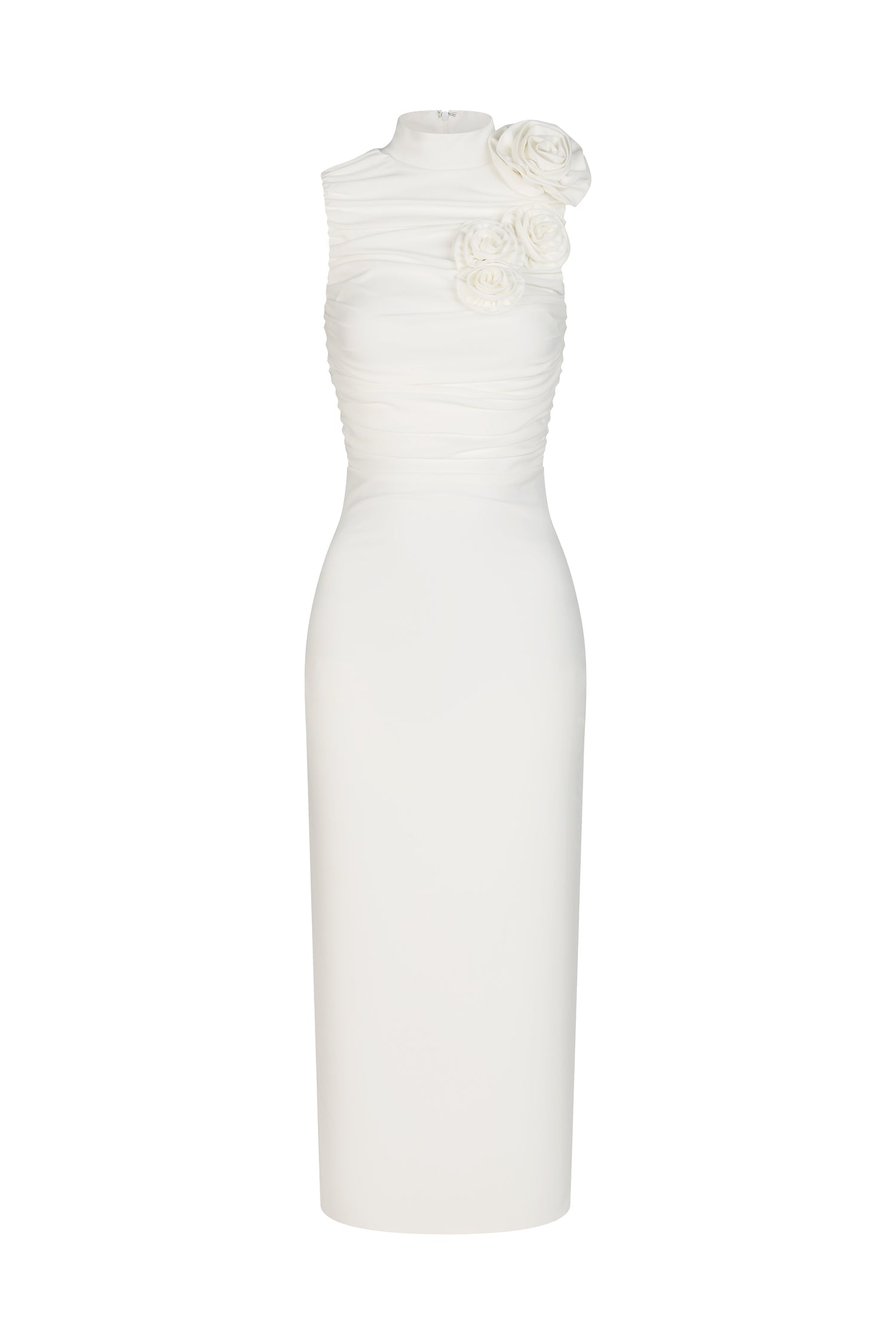 Tatiana Midi Dress - High Neckline - Ruched Detailing - Fabric Flowers - Draping Fit - Versatile