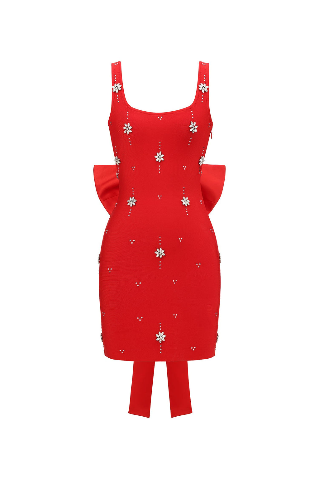 Zelda Mini Dress - Sleeveless - Diamond Bow Detail - Fitted Silhouette - Square Neckline - Ruffled Back Detail - modified image
