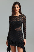 Maria Mini Dress - Asymmetrical Hem - Lace Detailing - Long Sleeves - Fitted Silhouette - Ruffle Accents