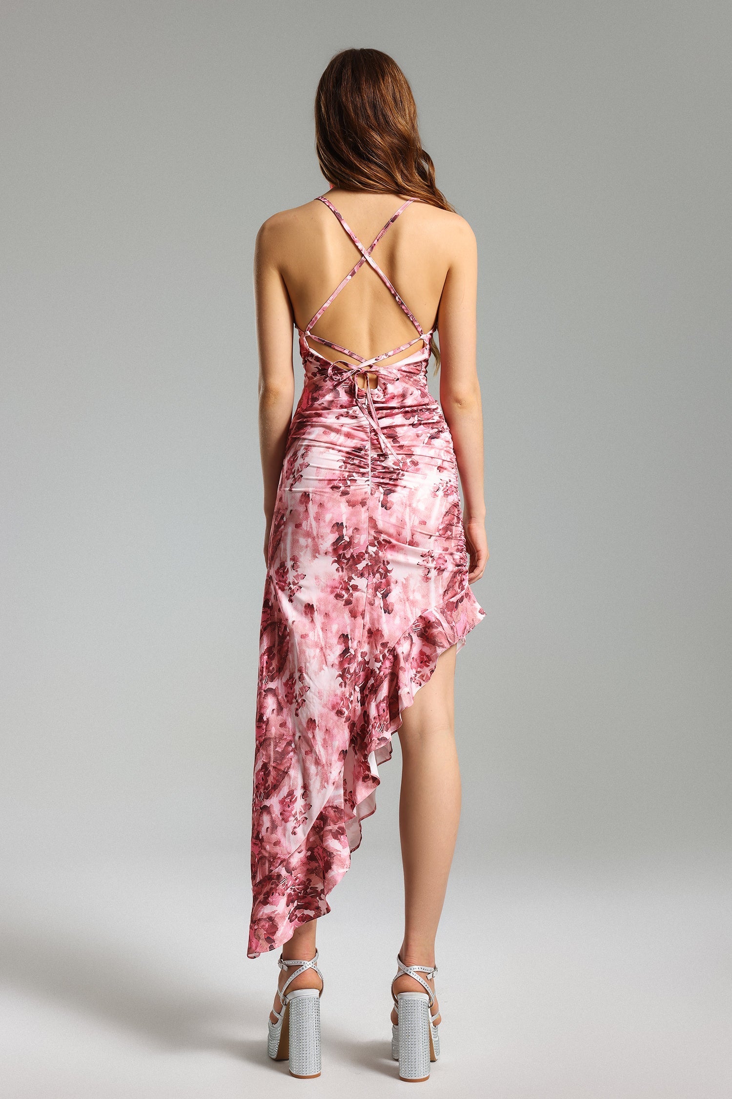 Jazlyn Midi Dress - Floral Print - Ruffled Skew - Asymmetrical Hemline - Spaghetti Straps - Lightweight Fabric