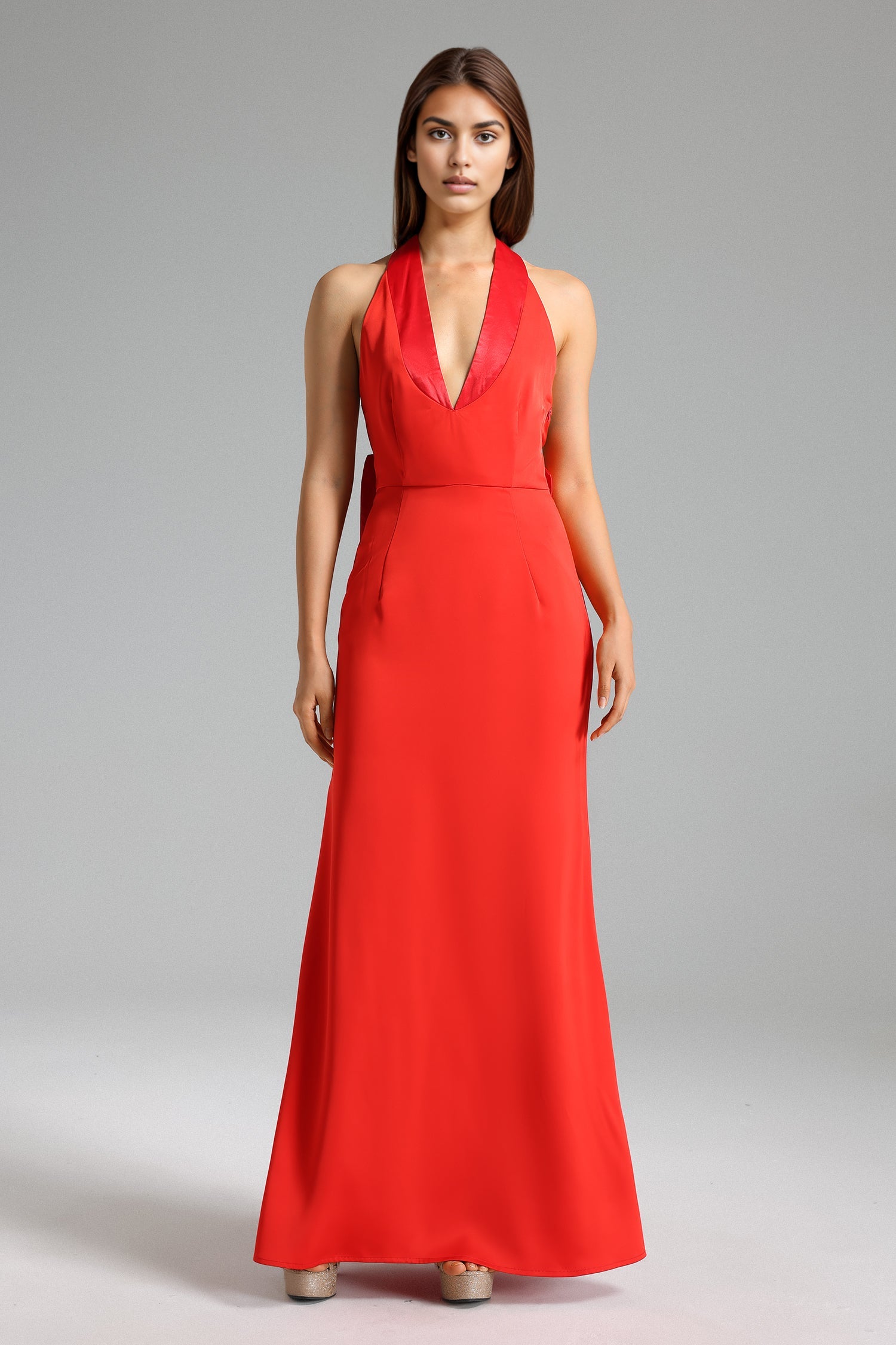 Emilee Midi Dress - Halterneck - Backless Satin - Plunging Neckline - Flowing Silhouette - Formal Elegance