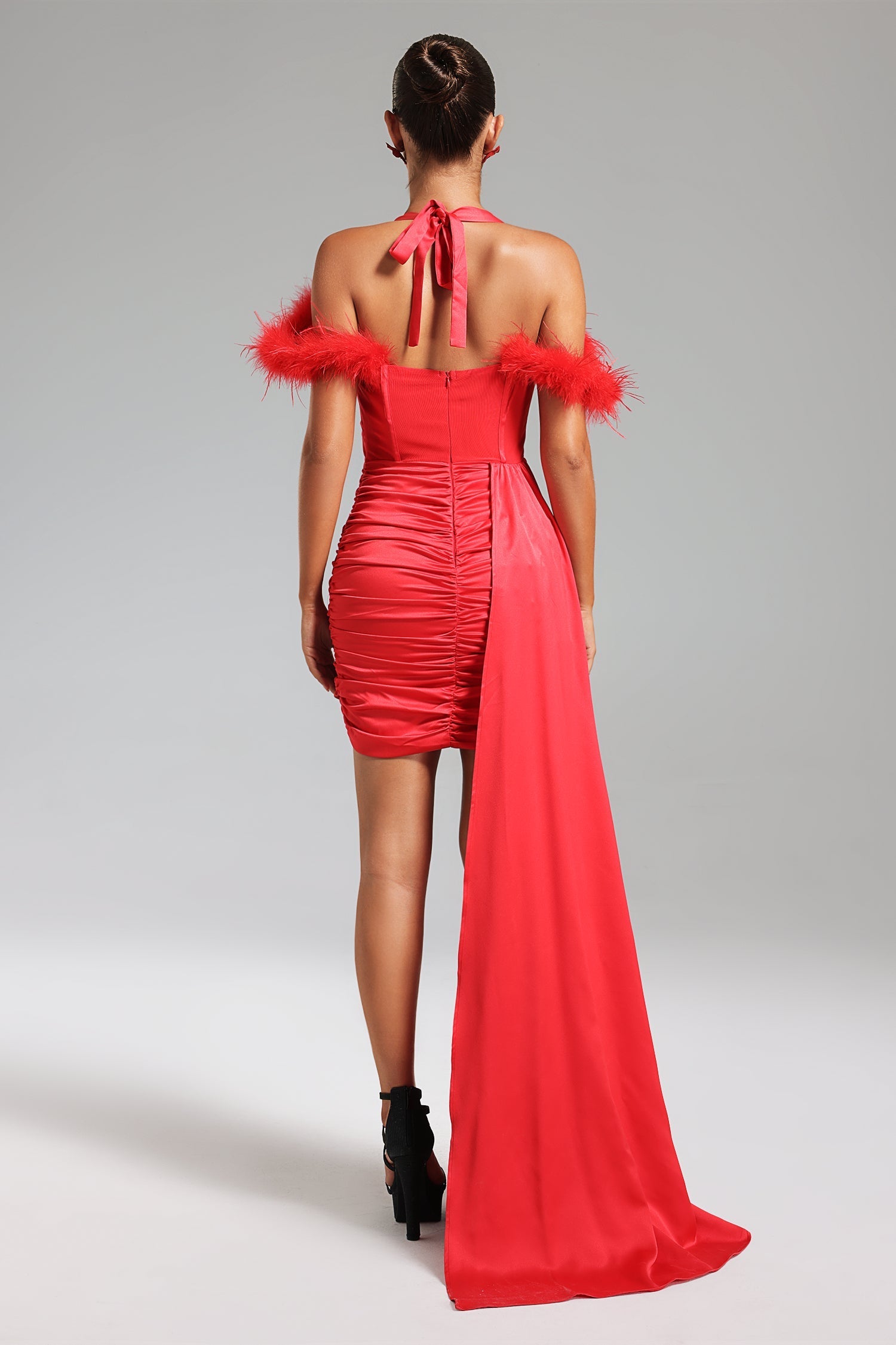 Mirella Halterneck Feather Satin Mini Dress - Plunging V-Neck - Exquisite Feather Detailing - Ruched Fabric