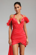 Mirella Halterneck Feather Satin Mini Dress - Plunging V-Neck - Exquisite Feather Detailing - Ruched Fabric