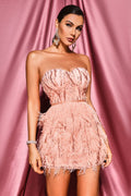 Reagan Mini Dress - Strapless Neckline - Sequin Detailing - Feather Hem - Comfortable Fabric - Cocktail Party Dress