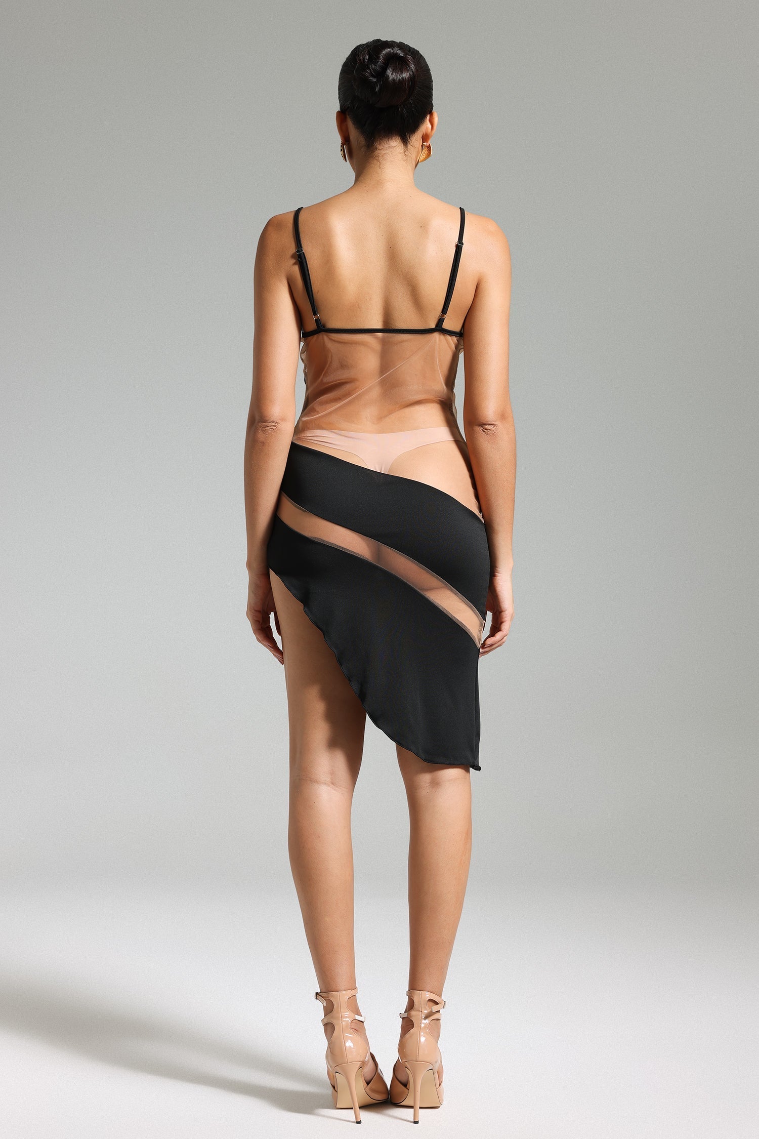 Flora Midi Dress - Halter Neckline - Sheer Paneling - Asymmetric Hem - Mesh Detailing - Comfortable Fit