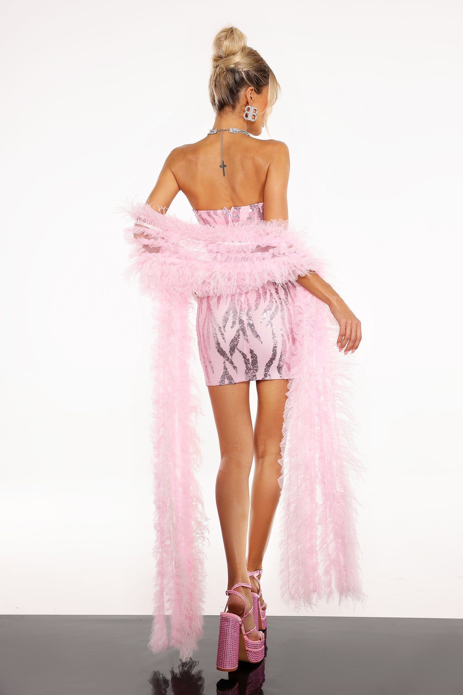 Miracle Strapless Mini Dress - Diamante Detailing - Form-Fitting Silhouette - Sequin Embellishments - Mini Length - Feather Wrap