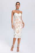 Miranda Midi Dress - Oval Lace Overlay - Strapless Neckline - Floral Detailing - Fitted Silhouette - Sophisticated Midi Length