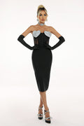 Samantha Midi Dress - Strapless Silhouette - Diamante Embellishments - Sheer Panels - Form-Fitting Fabric - Glamorous Appeal
