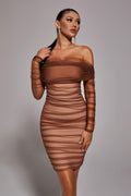 Scarlett Midi Dress - Off-The-Shoulder Neckline - Ruched Detailing - Mesh Fabric - Body-Hugging Fit