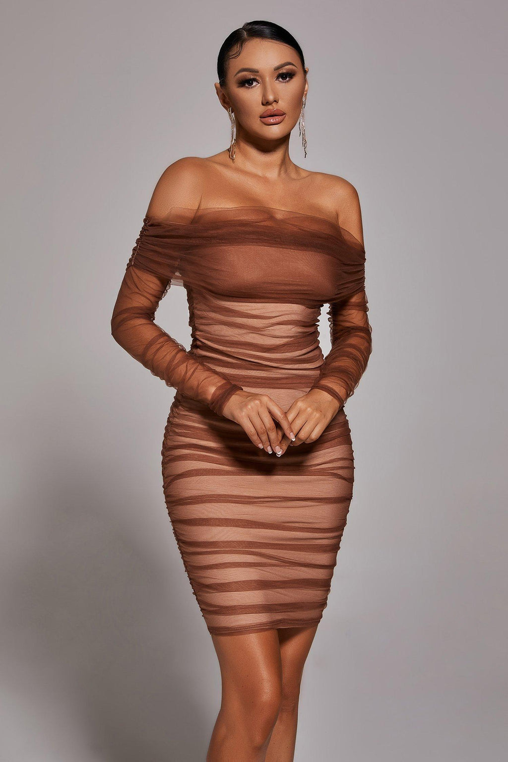 Scarlett Midi Dress - Off-The-Shoulder Neckline - Ruched Detailing - Mesh Fabric - Body-Hugging Fit