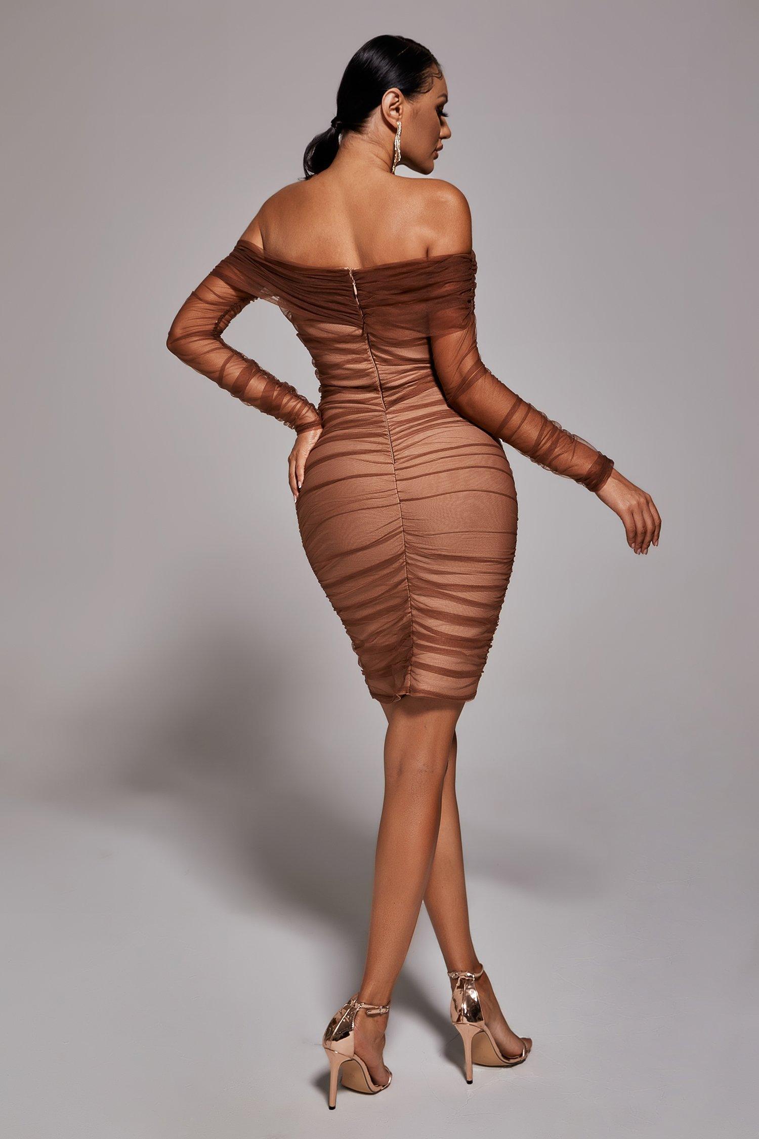Scarlett Midi Dress - Off-The-Shoulder Neckline - Ruched Detailing - Mesh Fabric - Body-Hugging Fit